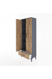 Arges Dolap 4 Raflı Tek Çekmeceli 2 Kapaklı 60x30x163 Antrasit-Çam