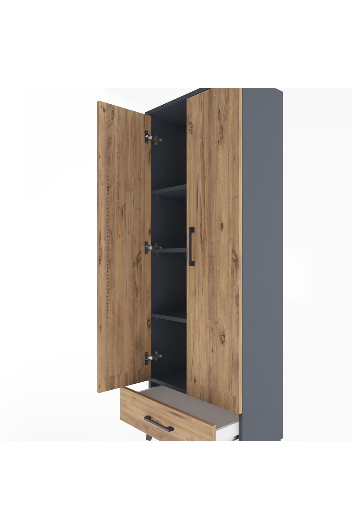 Arges Dolap 4 Raflı Tek Çekmeceli 2 Kapaklı 60x30x163 Antrasit-Çam