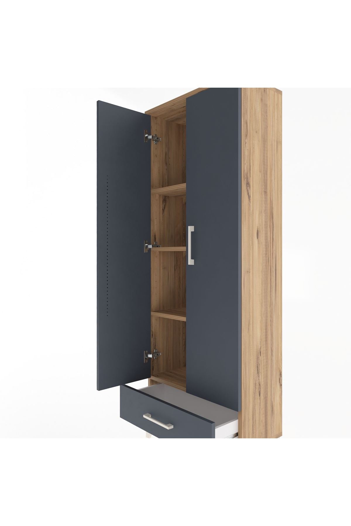 Arges Dolap 4 Raflı Tek Çekmeceli 2 Kapaklı 60x30x163 Çam-Antrasit