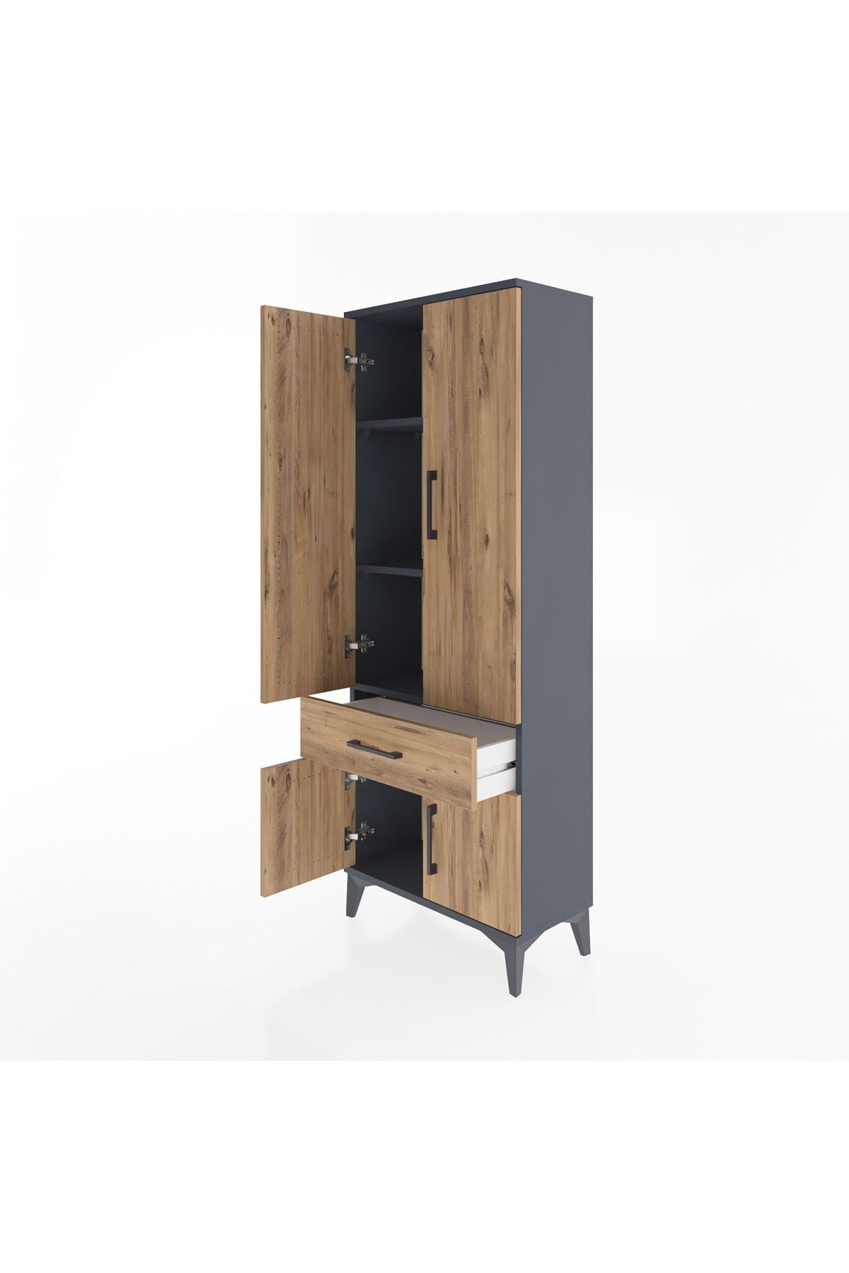 Arges Dolap 3 Raflı Tek Çekmeceli 4 Kapaklı 60x30x163 Antrasit-Çam