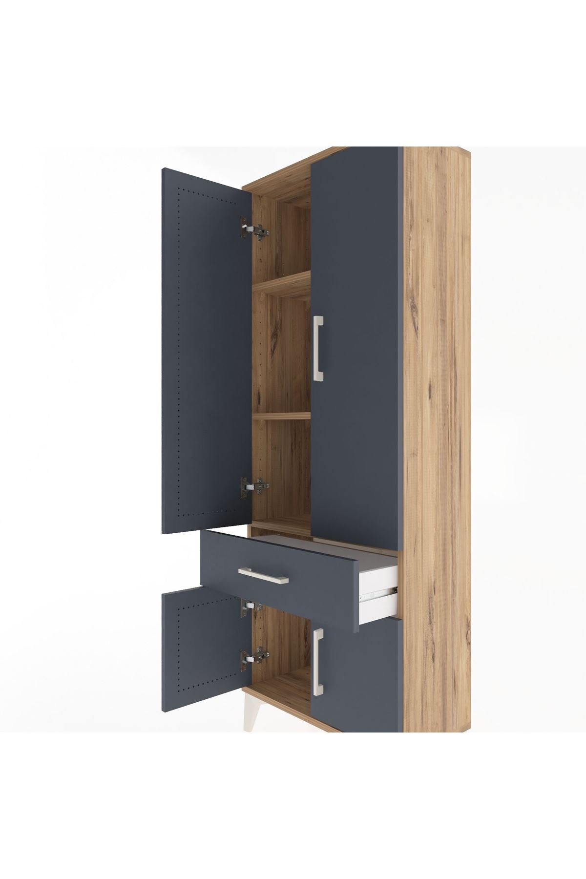 Arges Dolap 3 Raflı Tek Çekmeceli 4 Kapaklı 60x30x163 Çam-Antrasit