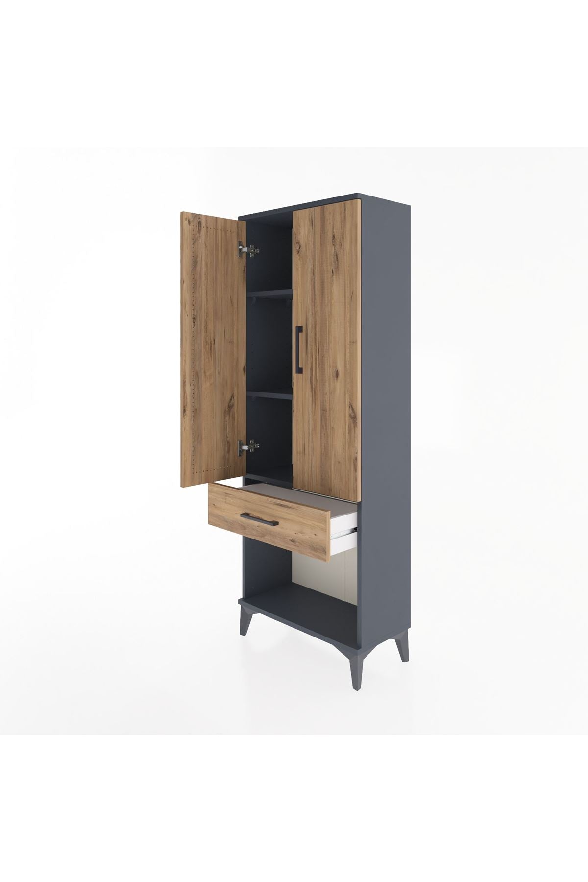 Arges Dolap 3 Raflı Tek Çekmeceli 2 Kapaklı 60x30x163 Antrasit-Çam