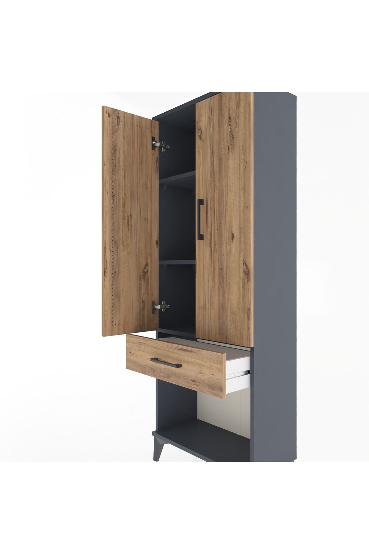 Arges Dolap 3 Raflı Tek Çekmeceli 2 Kapaklı 60x30x163 Antrasit-Çam