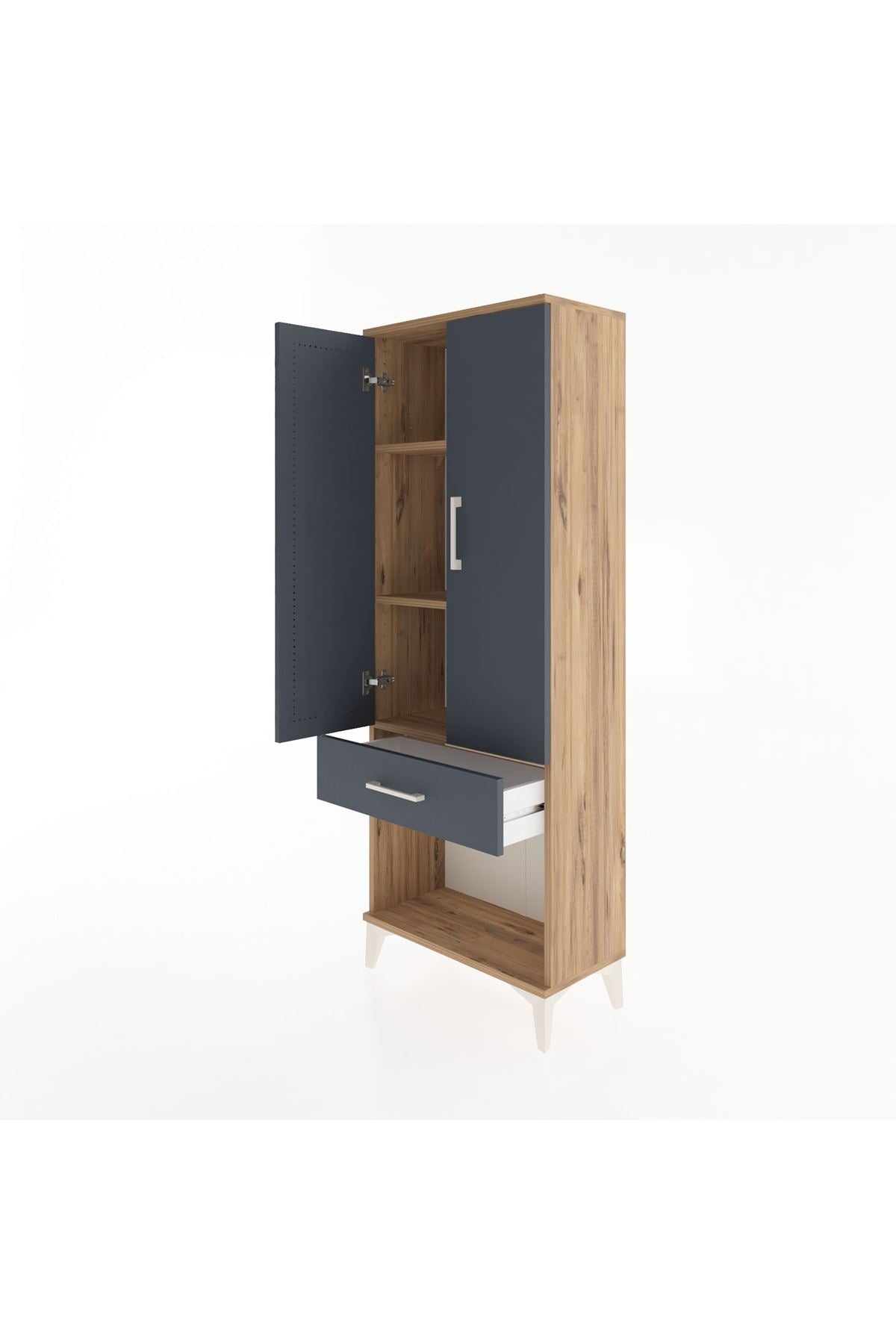 Arges Dolap 3 Raflı Tek Çekmeceli 2 Kapaklı 60x30x163 Çam-Antrasit