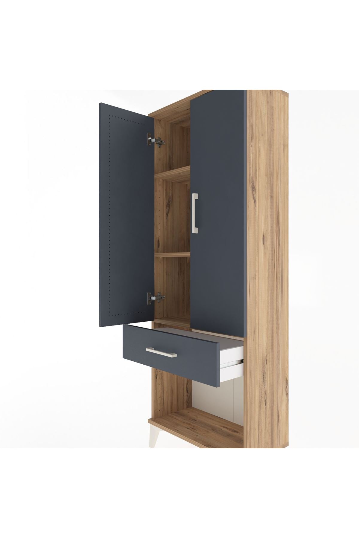 Arges Dolap 3 Raflı Tek Çekmeceli 2 Kapaklı 60x30x163 Çam-Antrasit