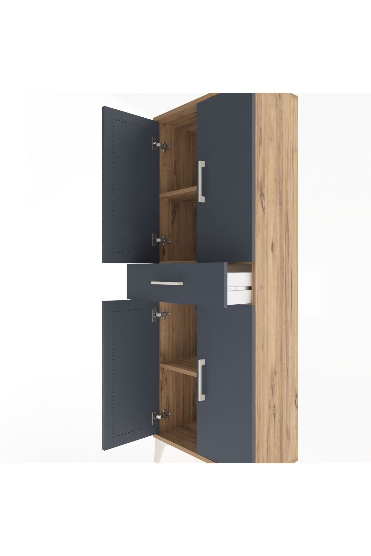 Arges Dolap 3 Raflı Tek Çekmeceli 4 Kapaklı 60x30x163 Çam-Antrasit