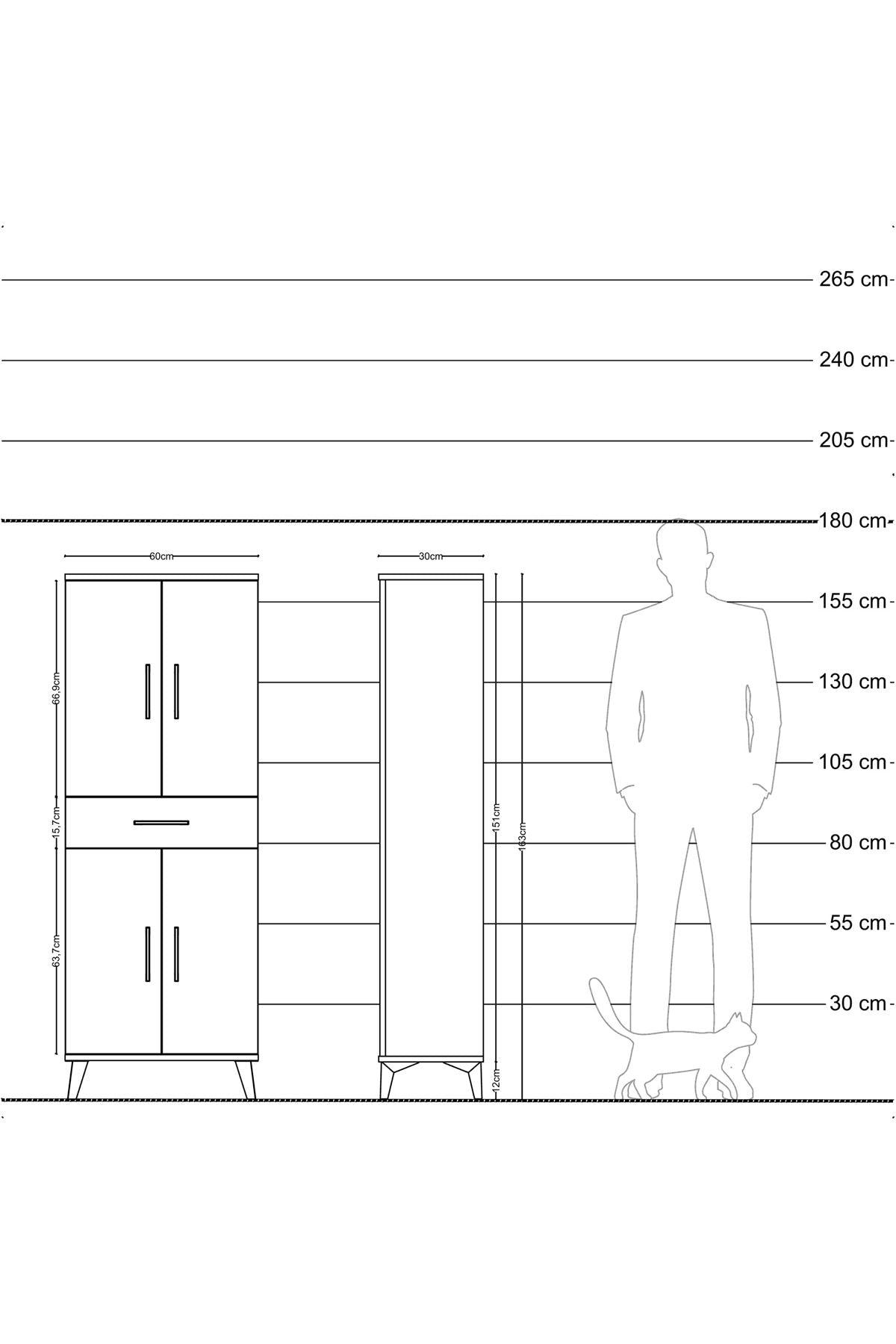 Arges Dolap 3 Raflı Tek Çekmeceli 4 Kapaklı 60x30x163 Çam-Antrasit