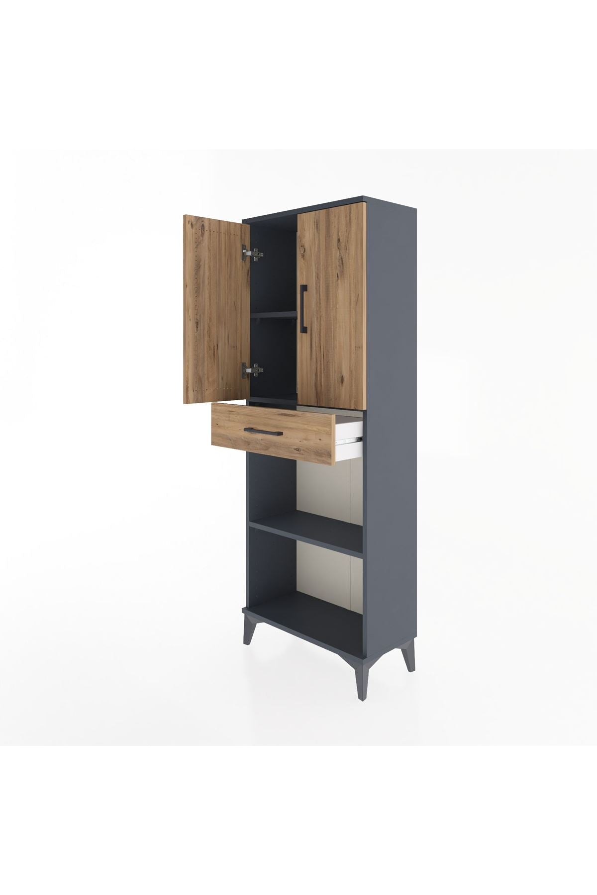Arges Dolap 3 Raflı Tek Çekmeceli 2 Kapaklı 60x30x163 Antrasit-Çam