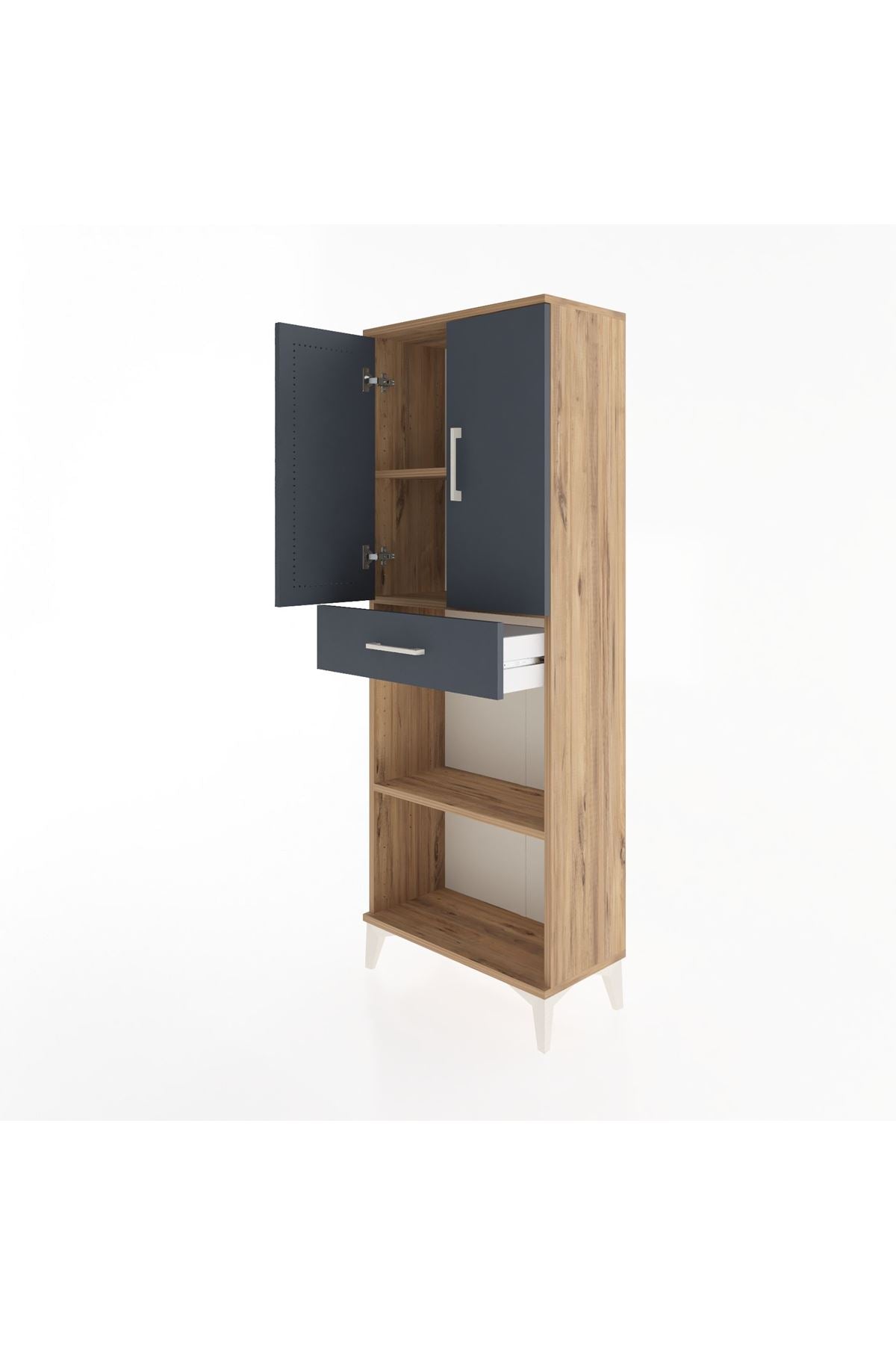 Arges Dolap 3 Raflı Tek Çekmeceli 2 Kapaklı 60x30x163 Çam-Antrasit