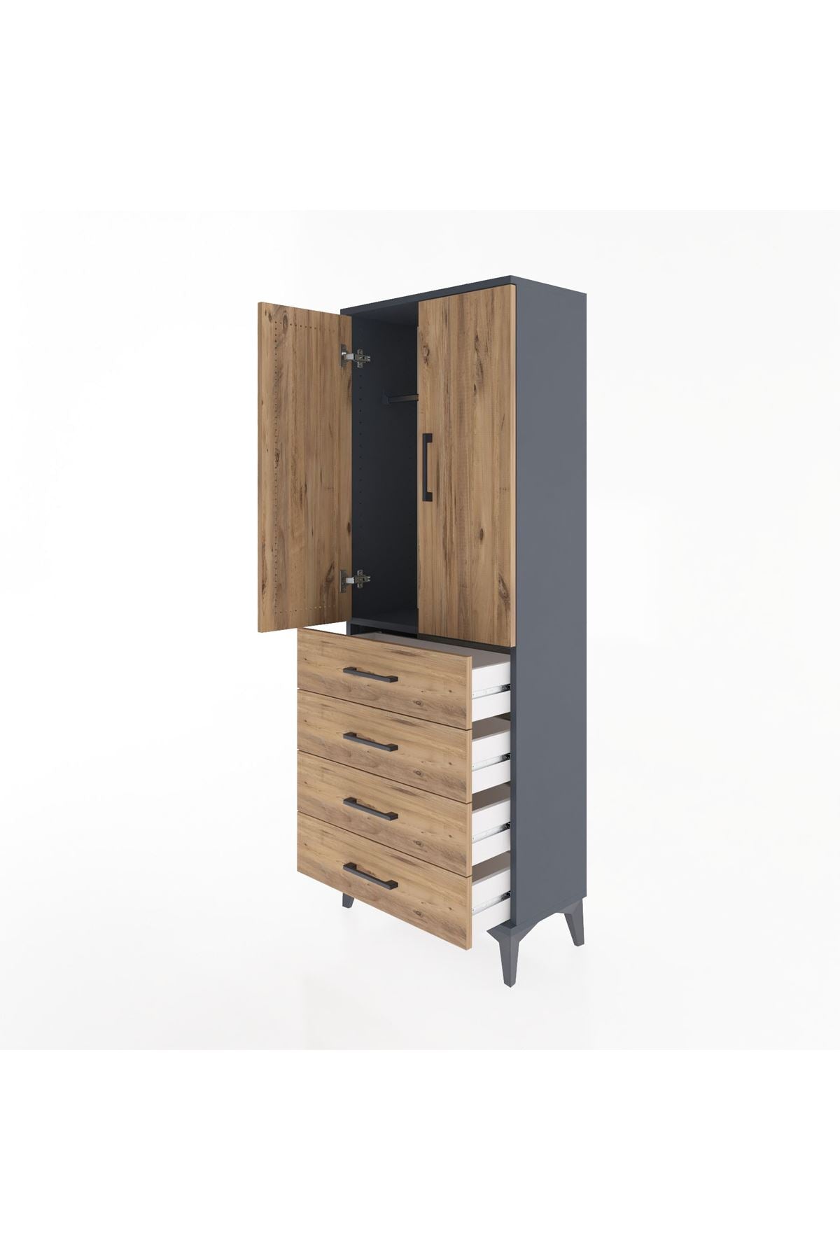 Arges Dolap Tek Raflı 4 Çekmeceli Tek Askılı 60x30x163 Antrasit-Çam