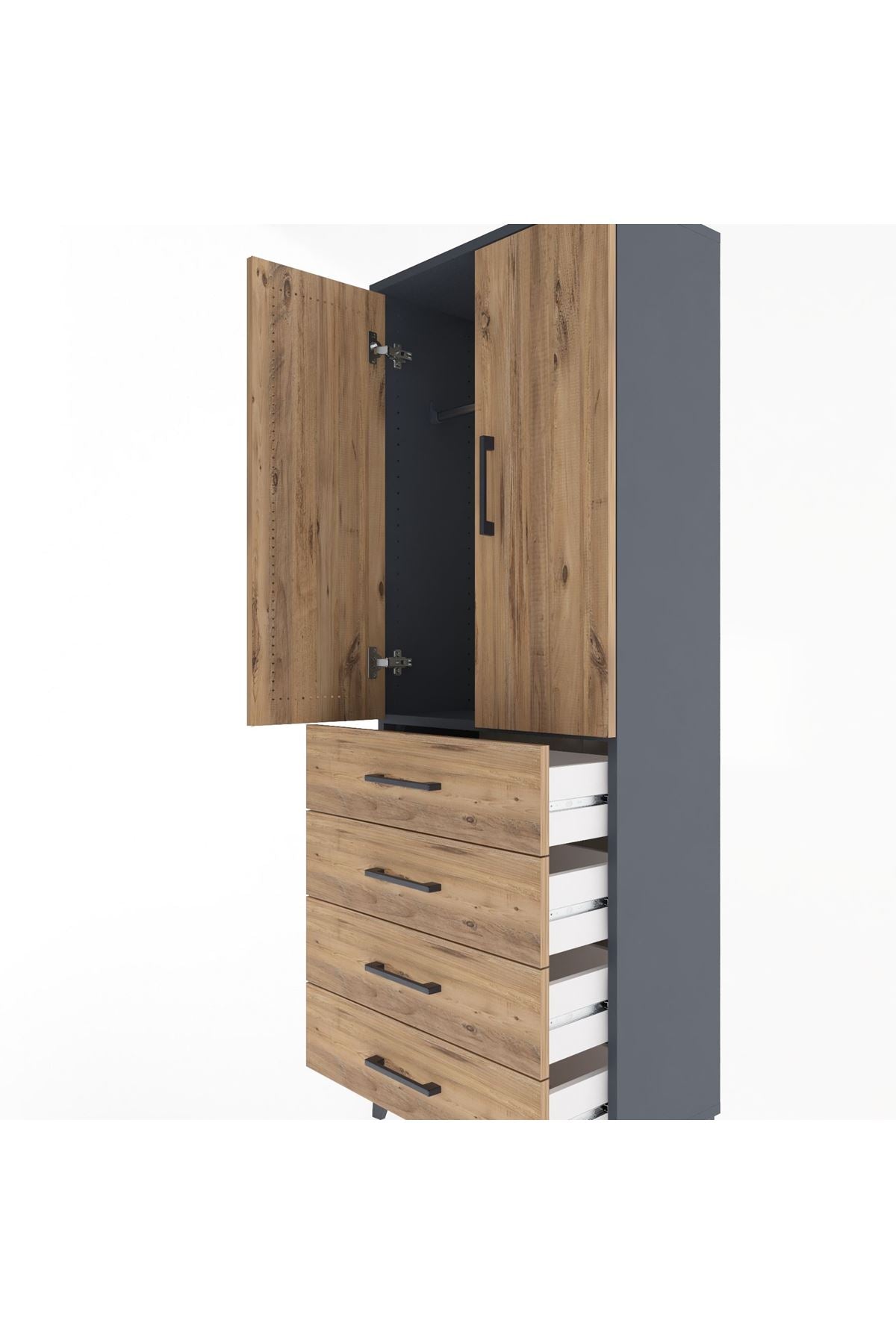 Arges Dolap Tek Raflı 4 Çekmeceli Tek Askılı 60x30x163 Antrasit-Çam