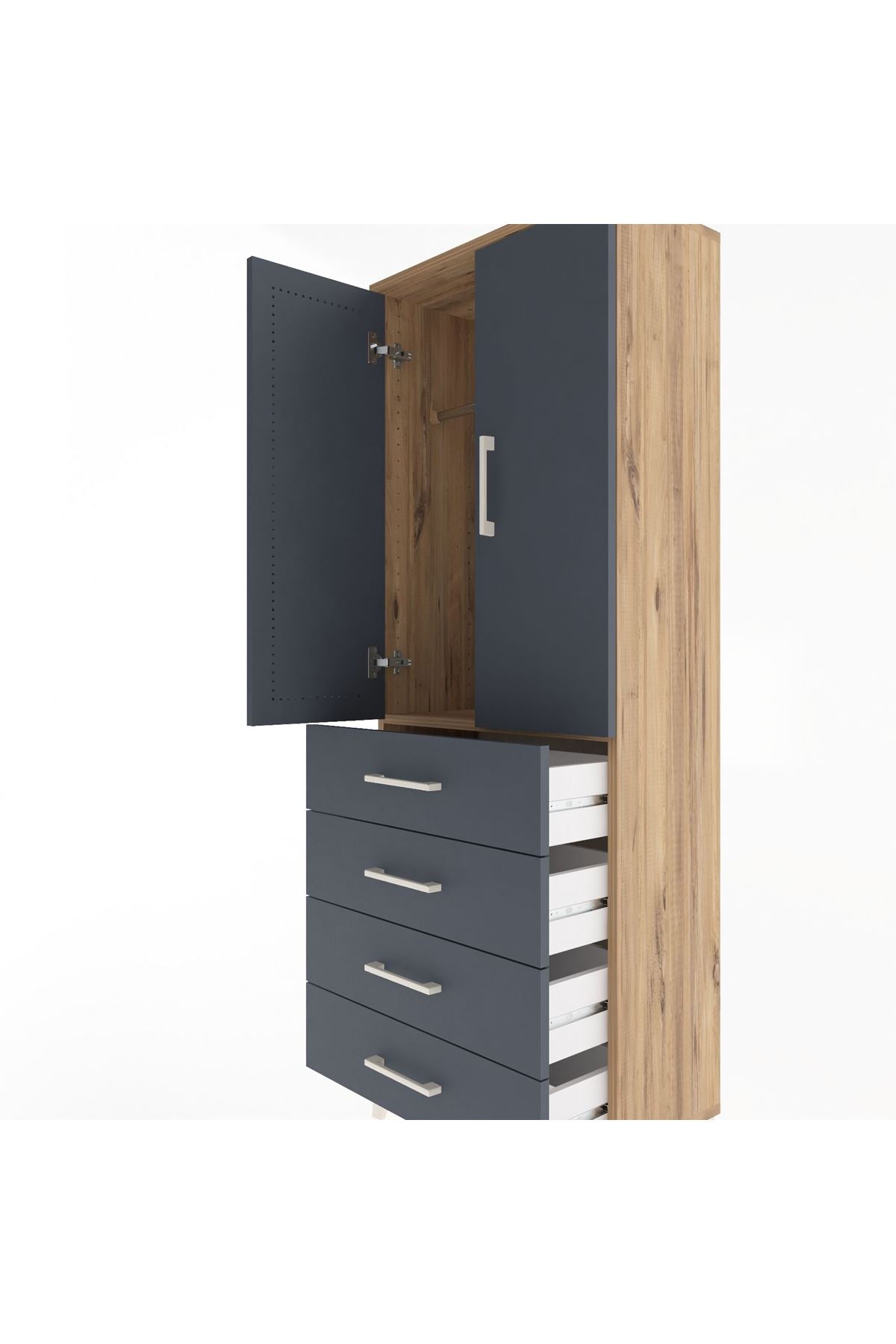 Arges Dolap Tek Raflı 4 Çekmeceli Tek Askılı 60x30x163 Çam-Antrasit