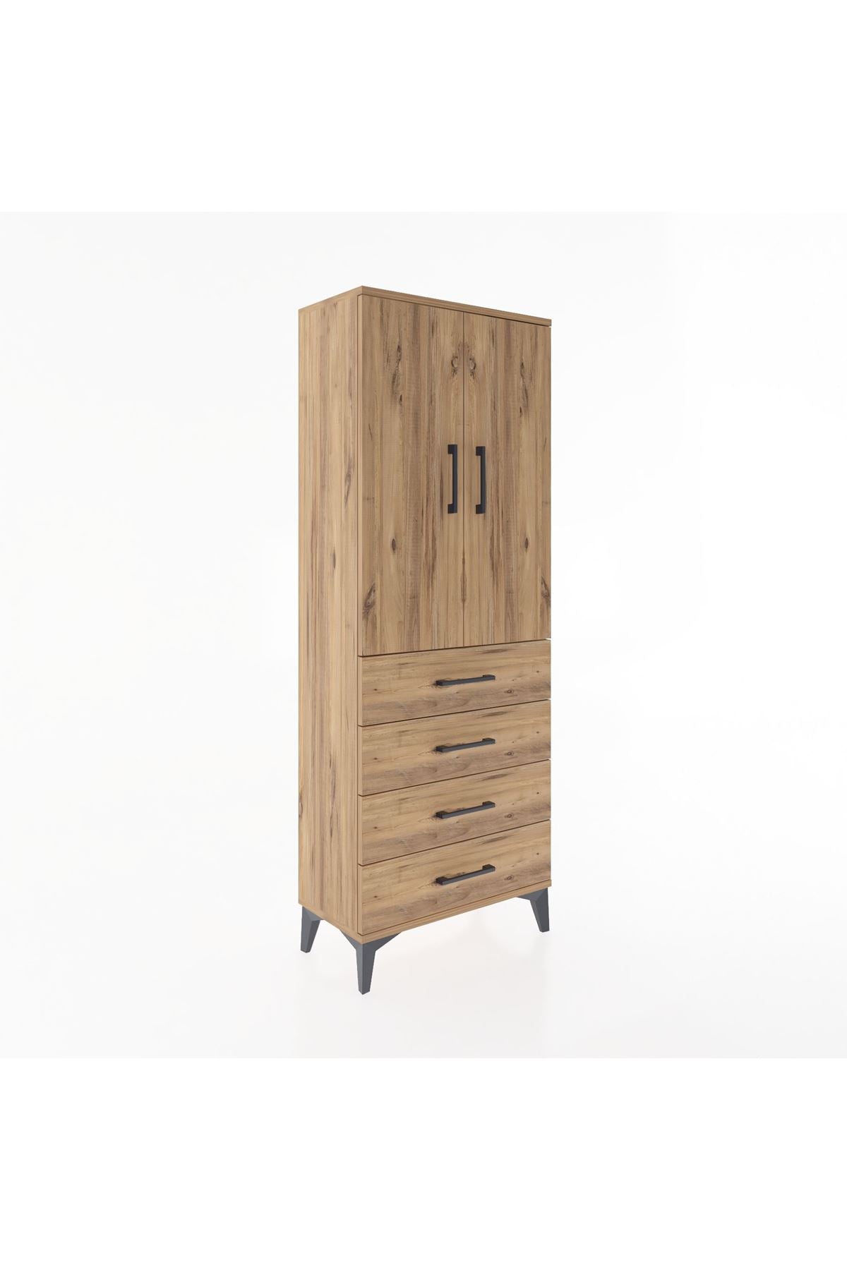 Arges Dolap Tek Raflı 4 Çekmeceli Tek Askılı 60x30x163 Çam-Çam