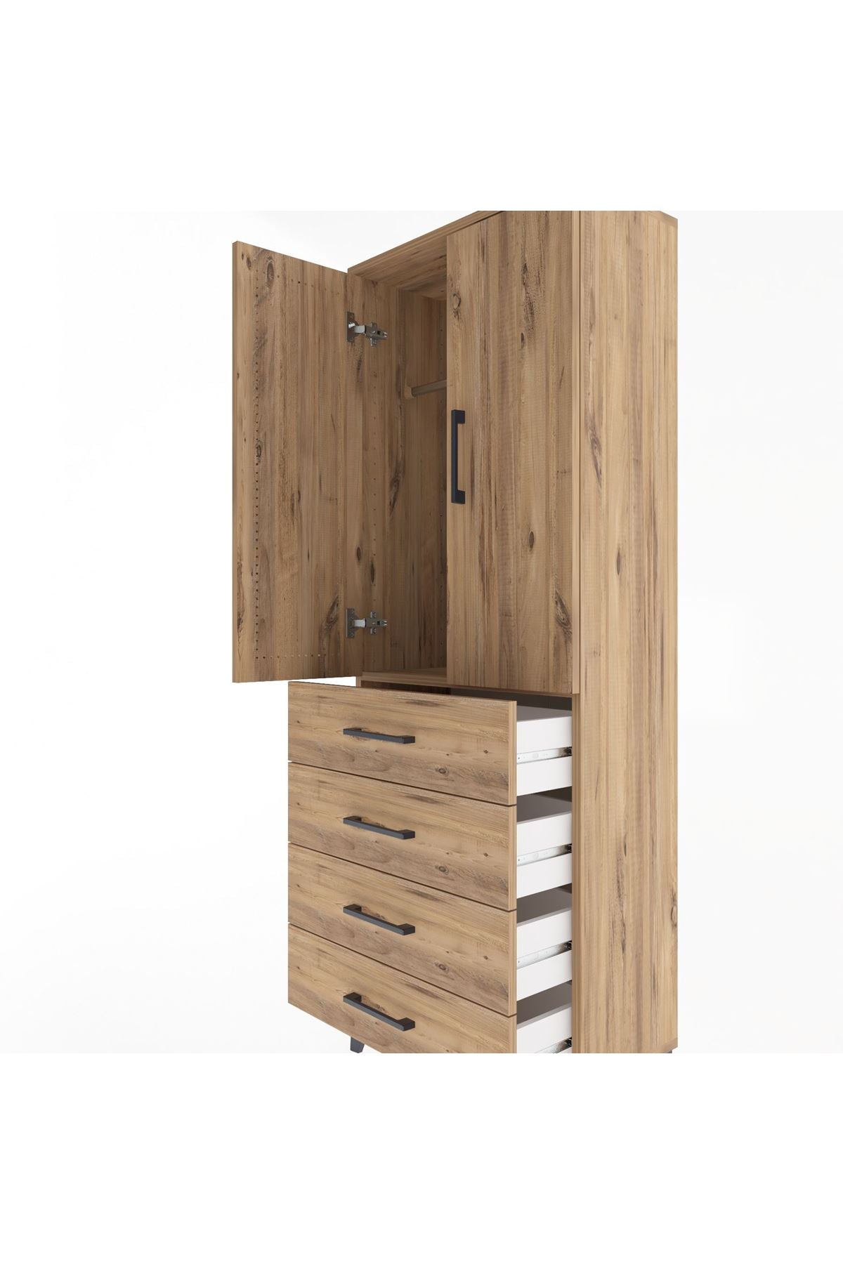 Arges Dolap Tek Raflı 4 Çekmeceli Tek Askılı 60x30x163 Çam-Çam