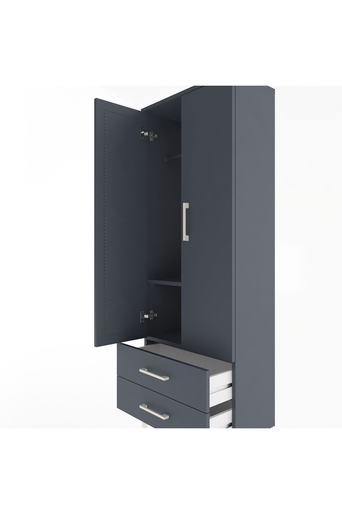Arges Dolap 2 Raflı 2 Çekmeceli Tek Askılı 60x30x163 Antrasit-Antrasit