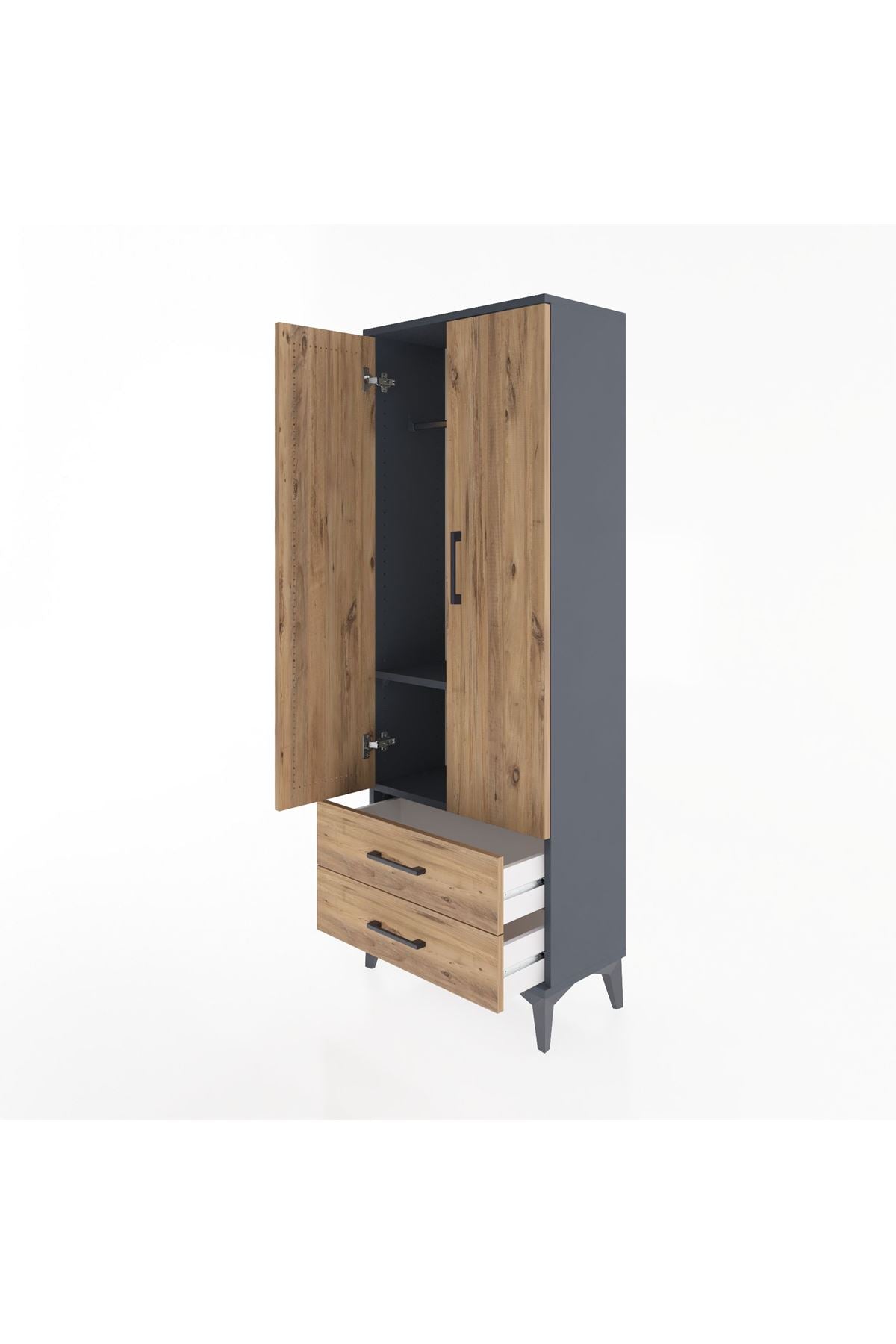 Arges Dolap 2 Raflı 2 Çekmeceli Tek Askılı 60x30x163 Antrasit-Çam