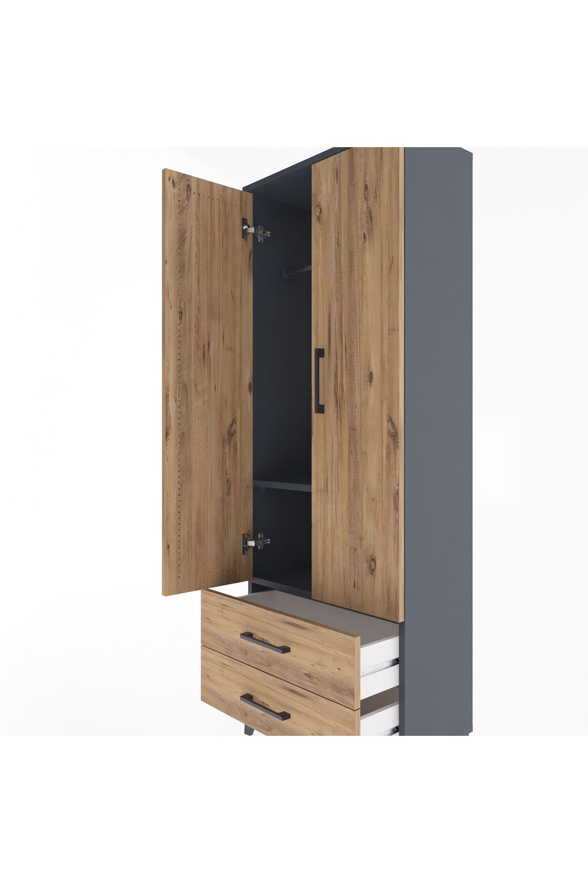 Arges Dolap 2 Raflı 2 Çekmeceli Tek Askılı 60x30x163 Antrasit-Çam