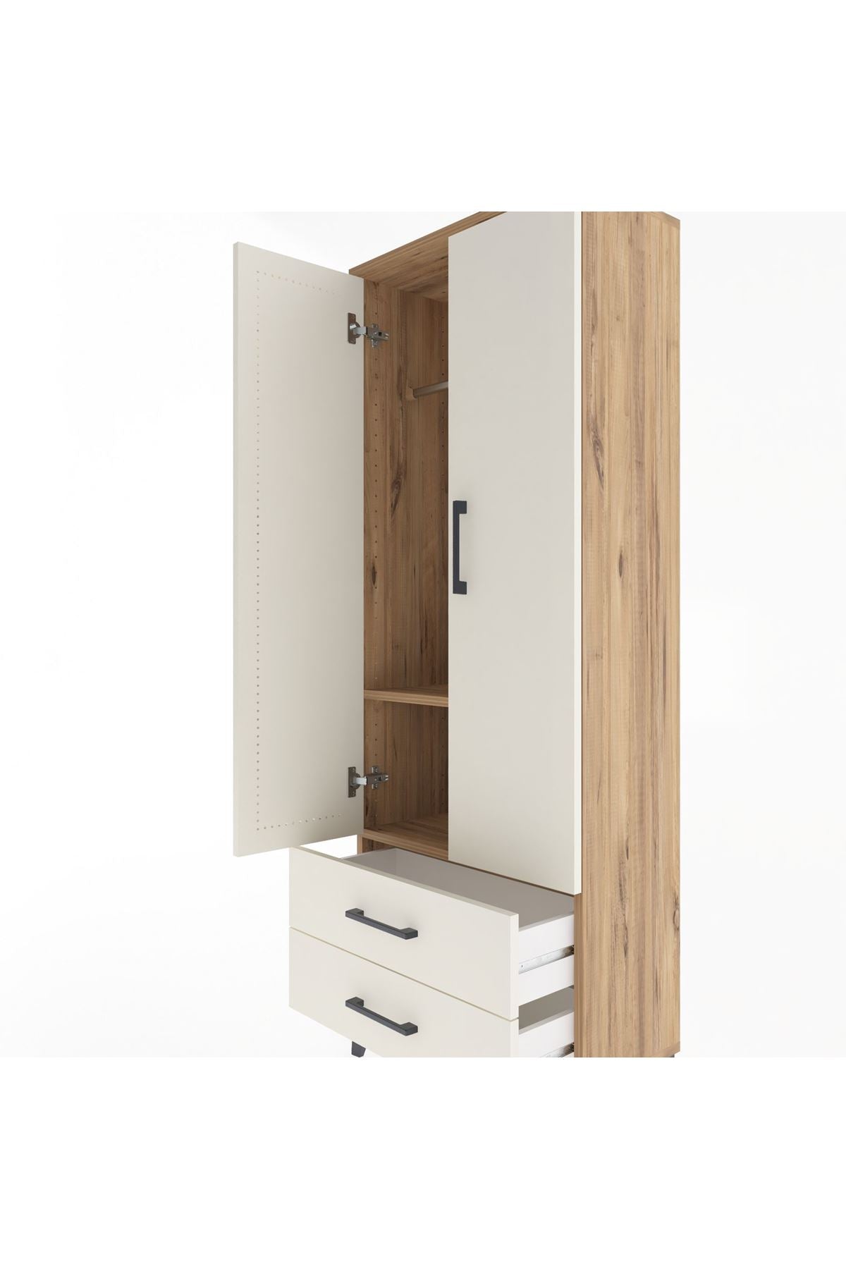 Arges Dolap 2 Raflı 2 Çekmeceli Tek Askılı 60x30x163 Çam-Aytaşı