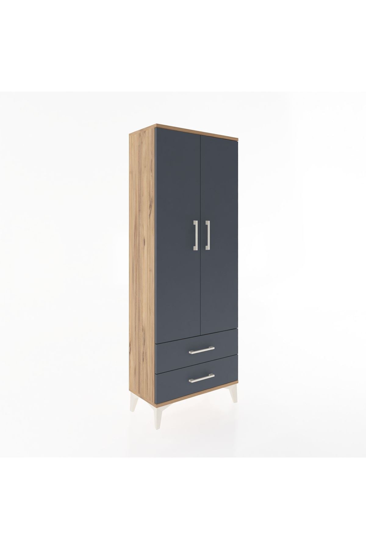 Arges Dolap 2 Raflı 2 Çekmeceli Tek Askılı 60x30x163 Çam-Antrasit