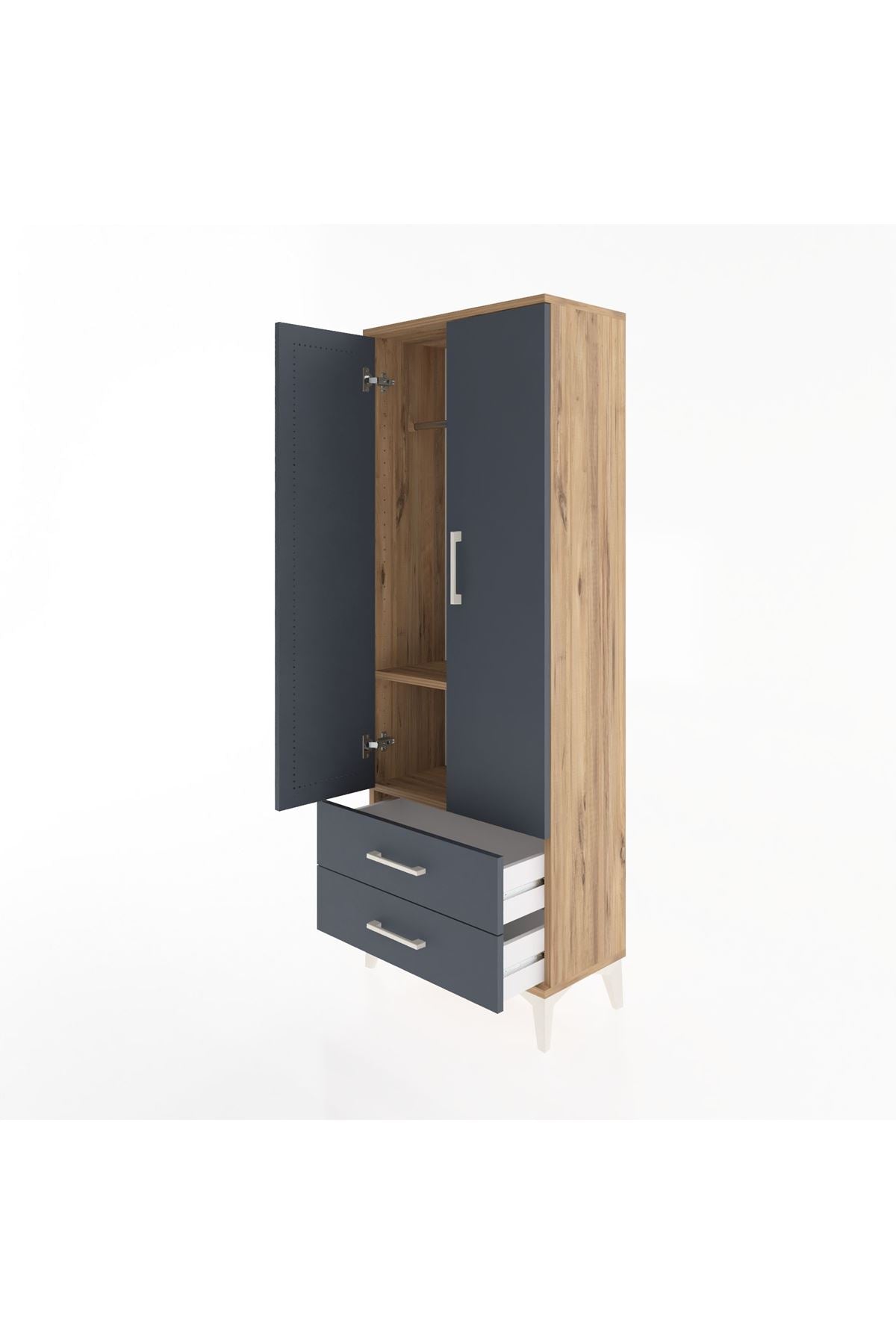 Arges Dolap 2 Raflı 2 Çekmeceli Tek Askılı 60x30x163 Çam-Antrasit