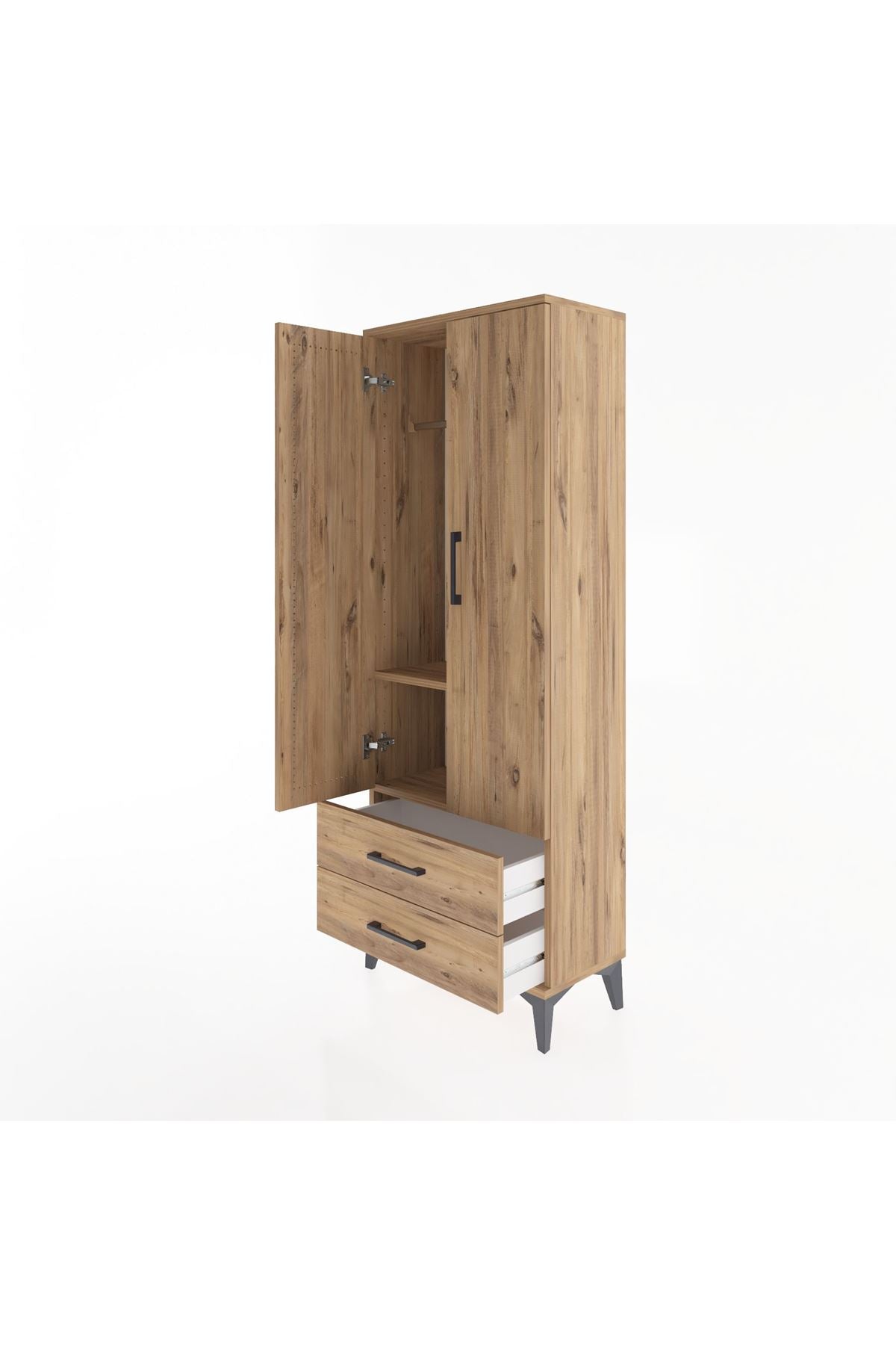 Arges Dolap 2 Raflı 2 Çekmeceli Tek Askılı 60x30x163 Çam-Çam