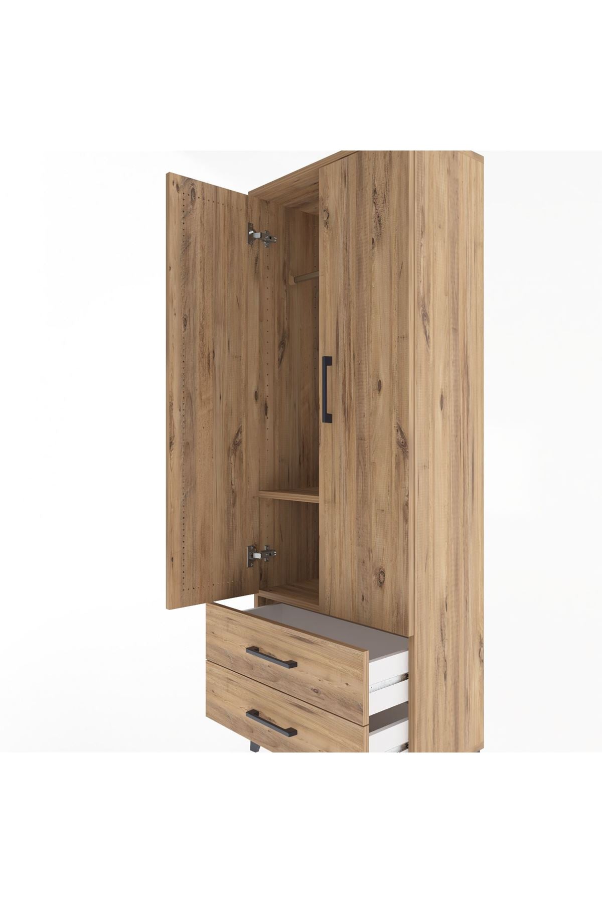 Arges Dolap 2 Raflı 2 Çekmeceli Tek Askılı 60x30x163 Çam-Çam