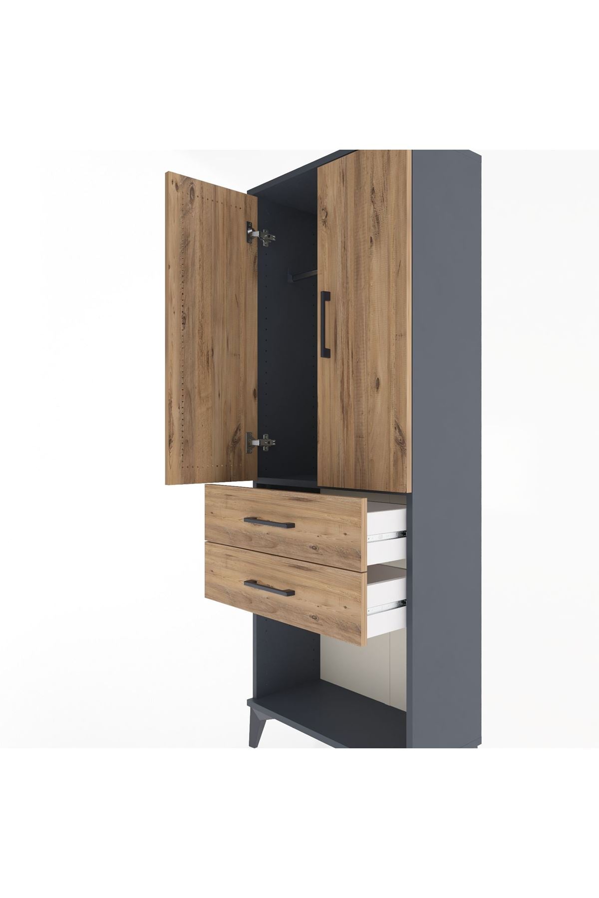 Arges Dolap Tek Raflı 2 Çekmeceli Tek Askılı 60x30x163 Antrasit-Çam