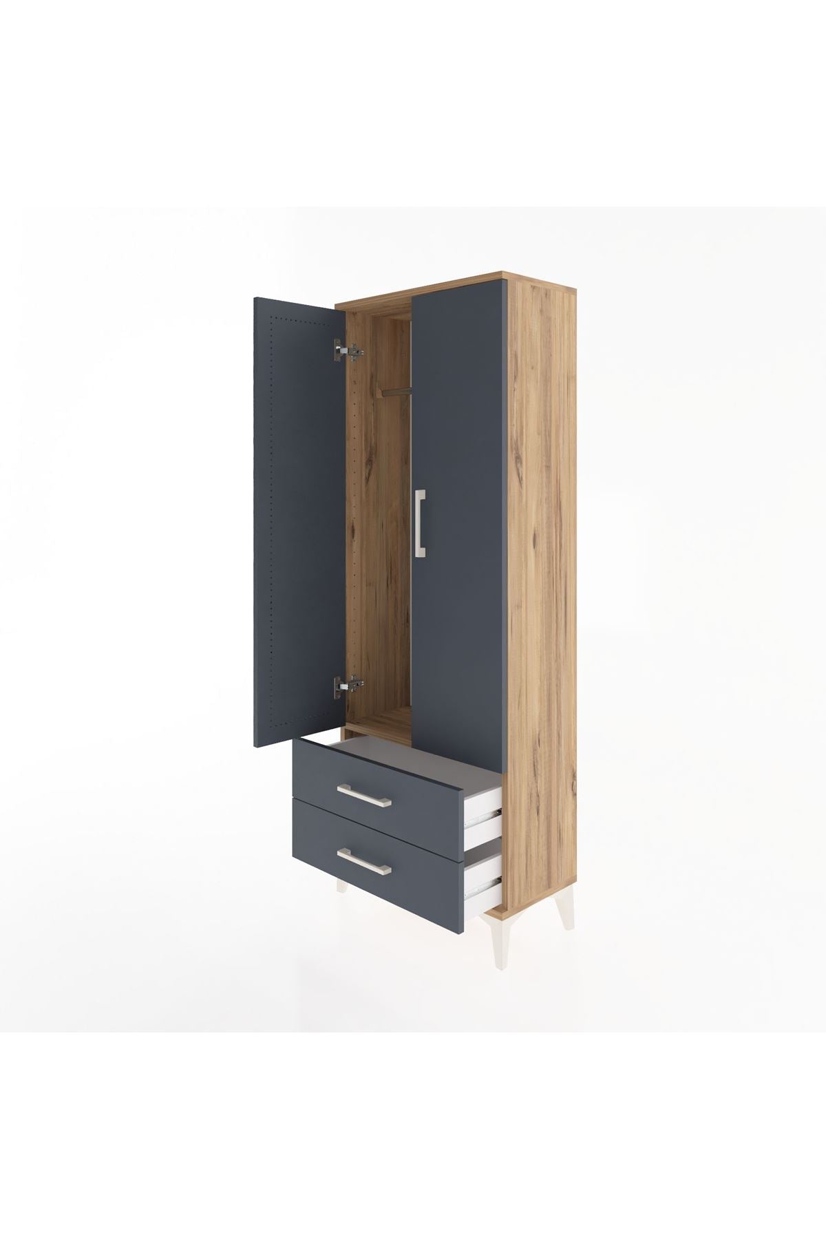 Arges Dolap Tek Raflı 2 Çekmeceli Tek Askılı 60x30x163 Çam-Antrasit