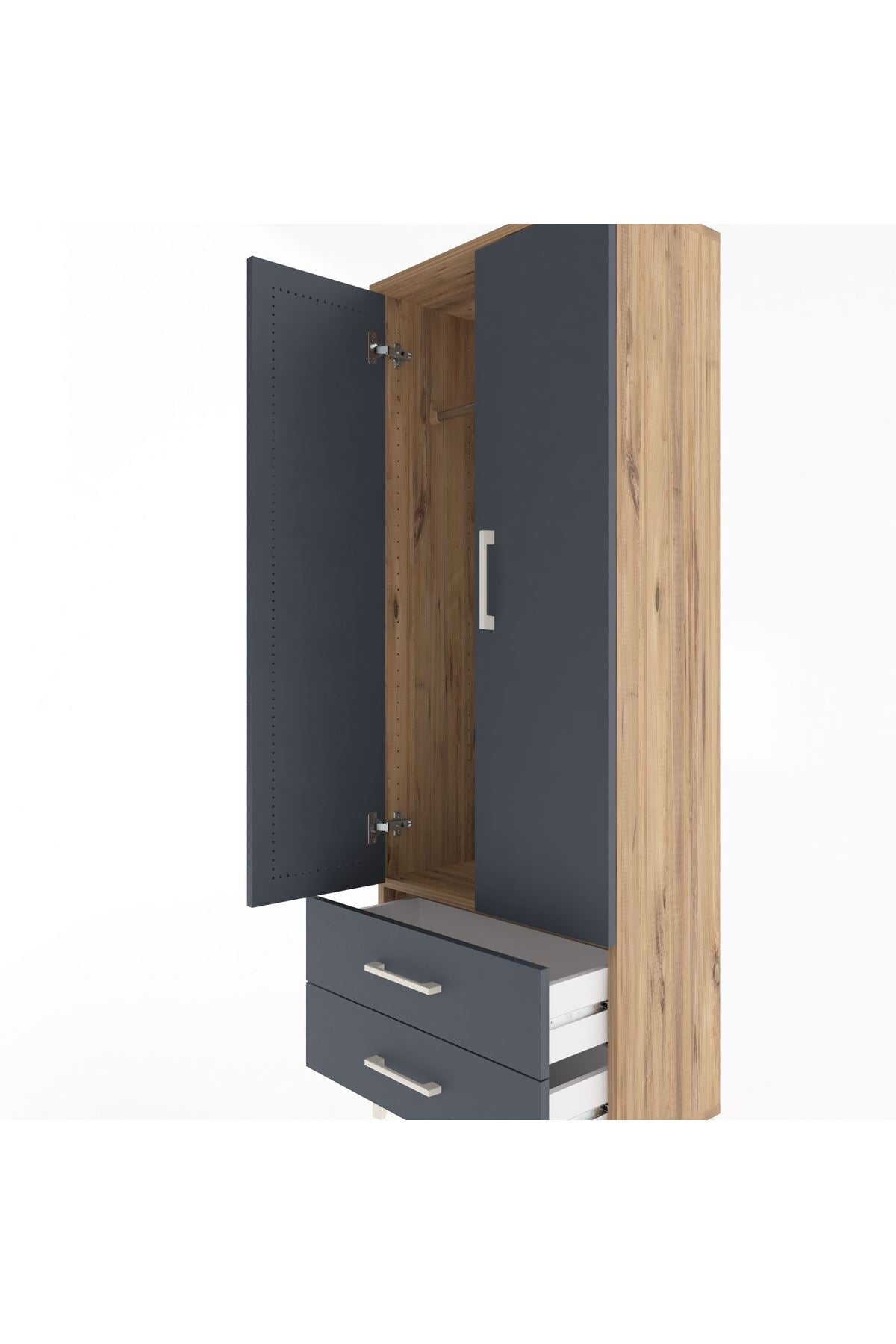 Arges Dolap Tek Raflı 2 Çekmeceli Tek Askılı 60x30x163 Çam-Antrasit