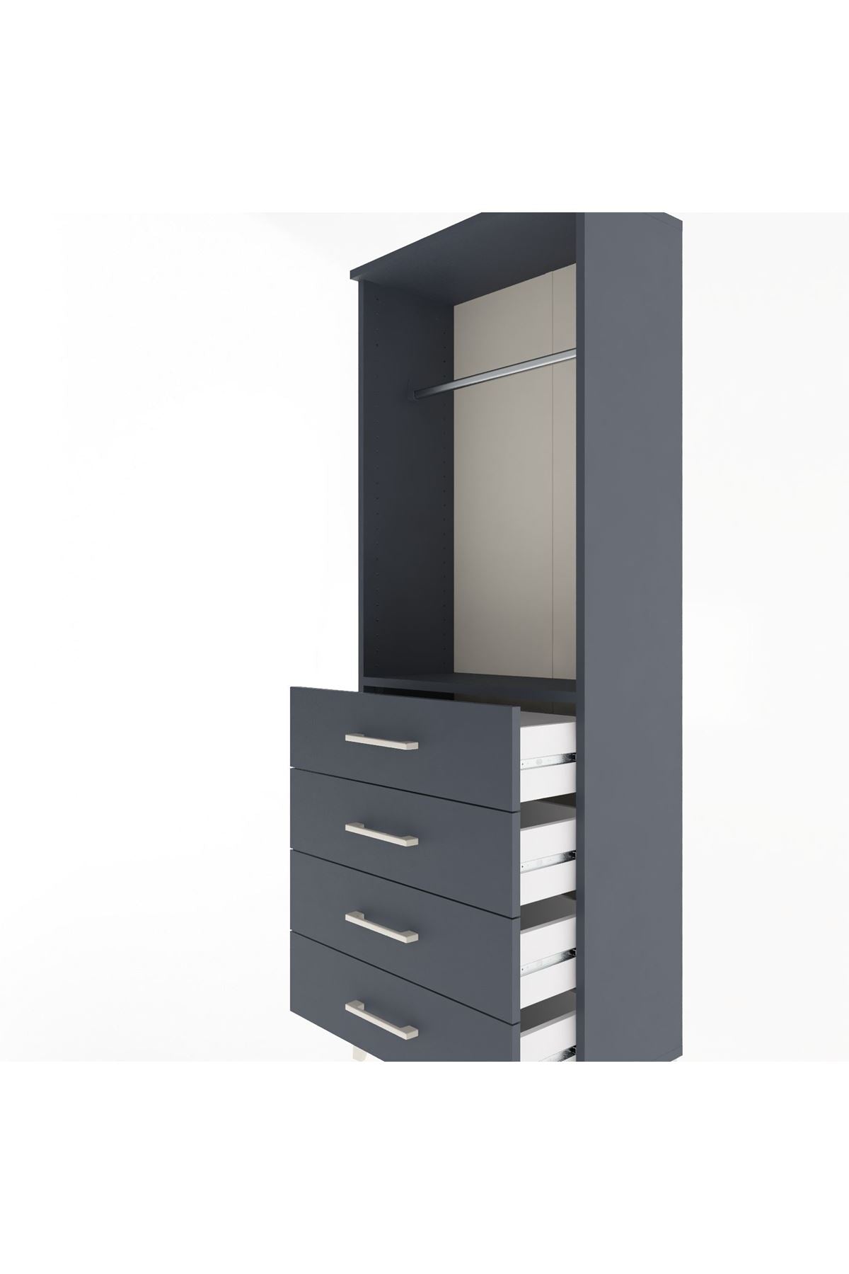 Arges Dolap Tek Raflı 4 Çekmeceli Tek Askılı 60x30x163 Antrasit-Antrasit