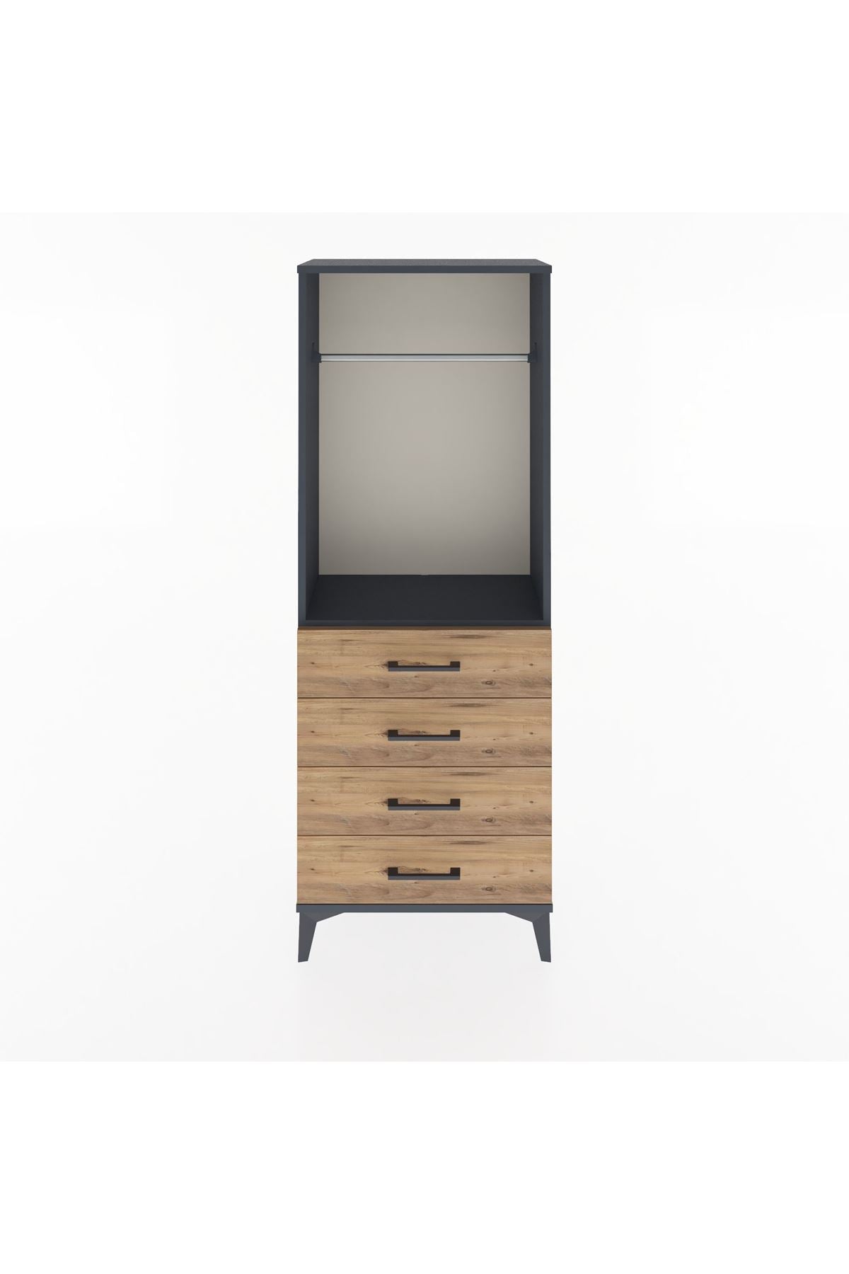 Arges Dolap Tek Raflı 4 Çekmeceli Tek Askılı 60x30x163 Antrasit-Çam