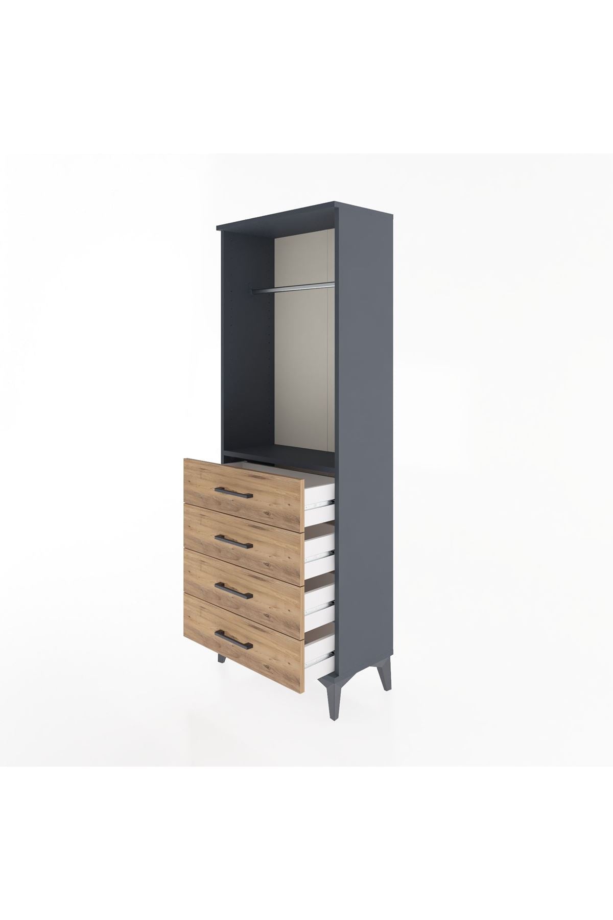 Arges Dolap Tek Raflı 4 Çekmeceli Tek Askılı 60x30x163 Antrasit-Çam