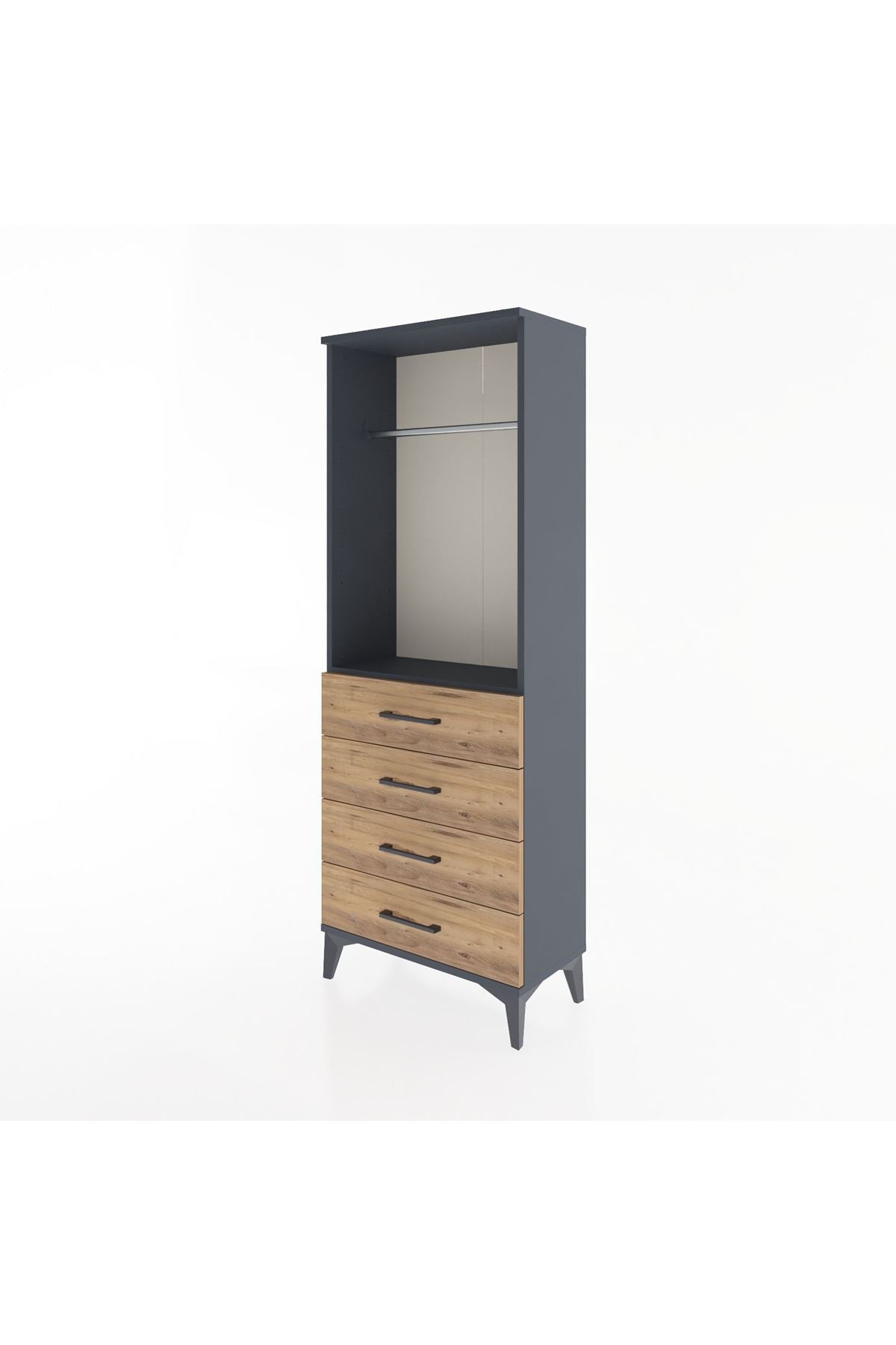 Arges Dolap Tek Raflı 4 Çekmeceli Tek Askılı 60x30x163 Antrasit-Çam