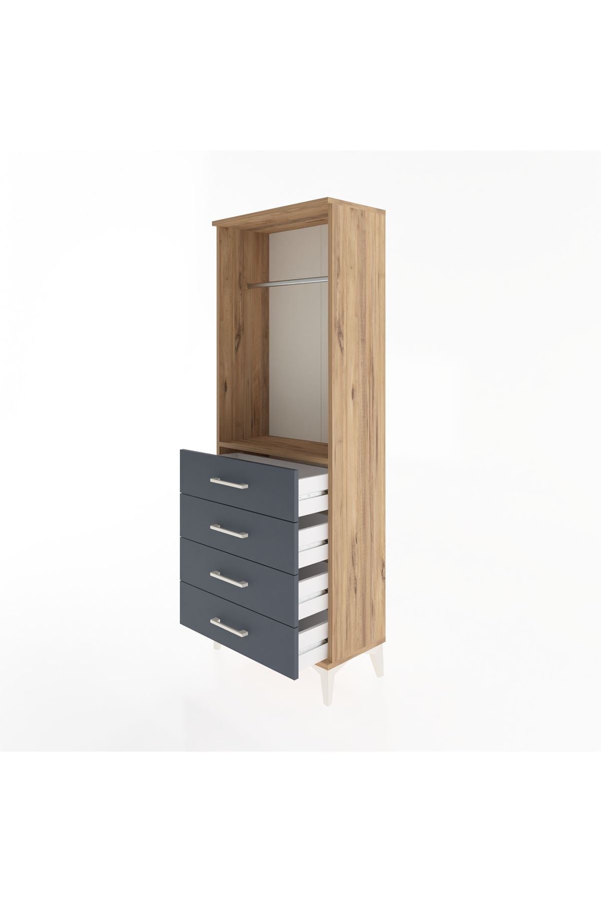 Arges Dolap Tek Raflı 4 Çekmeceli Tek Askılı 60x30x163 Çam-Antrasit