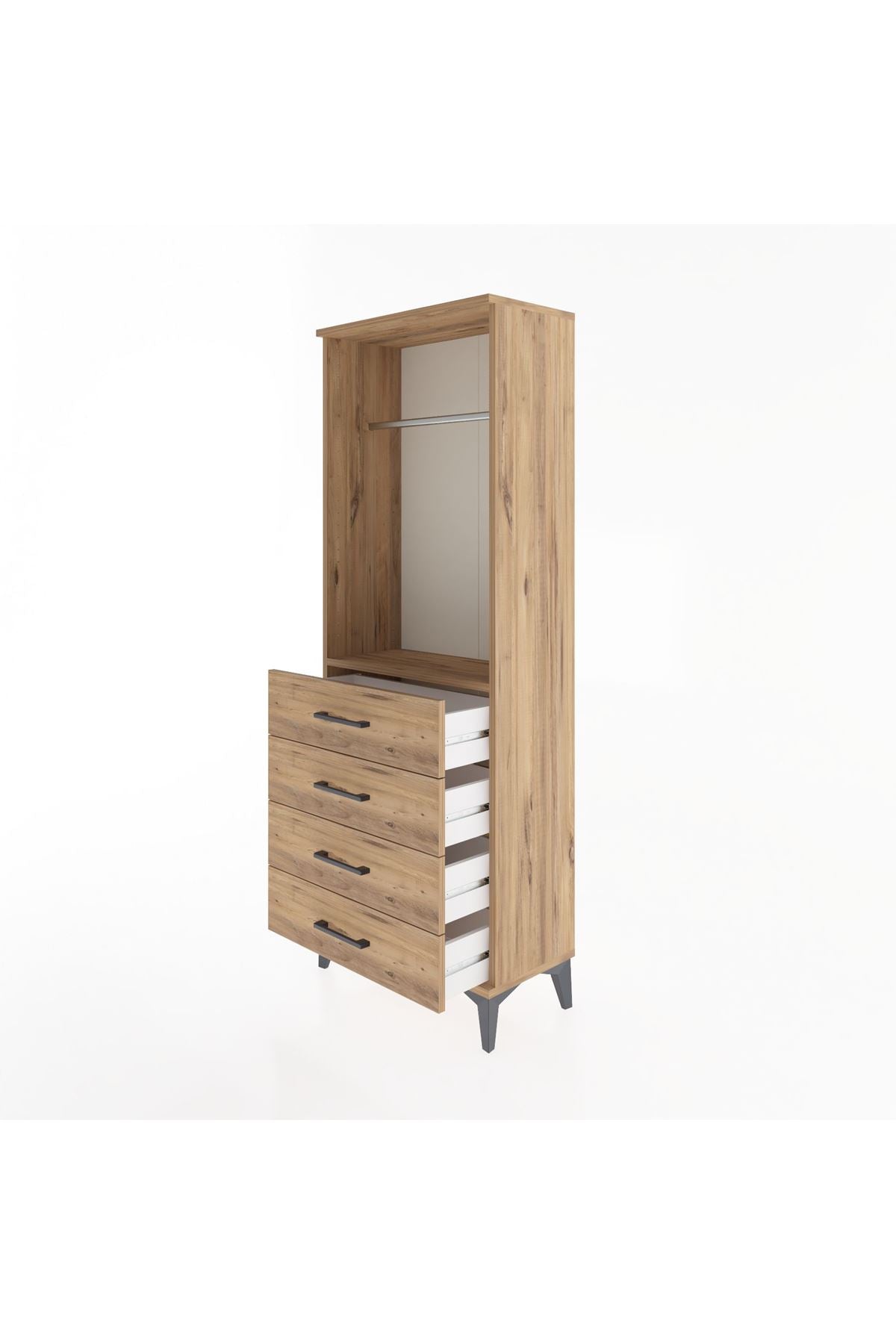 Arges Dolap Tek Raflı 4 Çekmeceli Tek Askılı 60x30x163 Çam-Çam