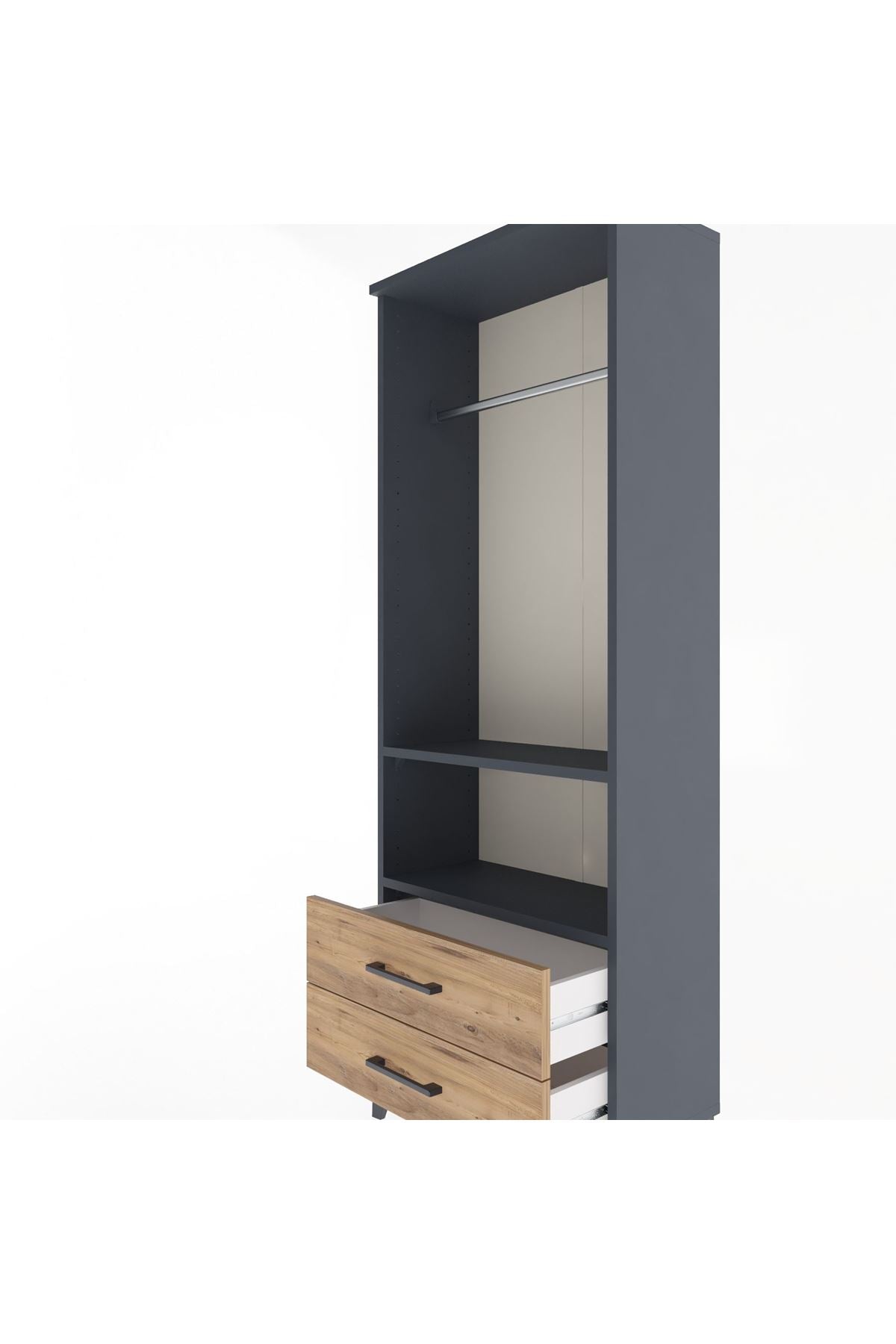 Arges Dolap 2 Raflı 2 Çekmeceli Tek Askılı 60x30x163 Antrasit-Çam