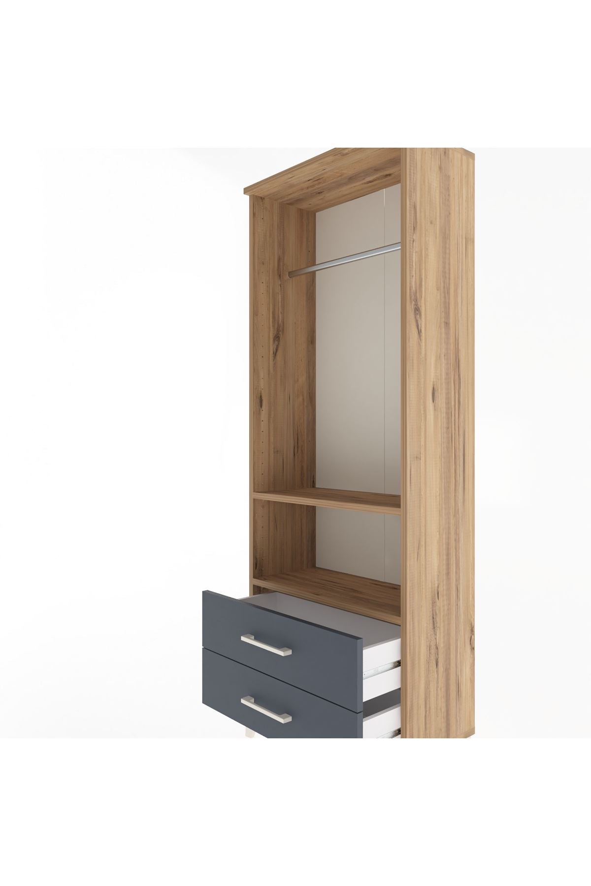 Arges Dolap 2 Raflı 2 Çekmeceli Tek Askılı 60x30x163 Çam-Antrasit