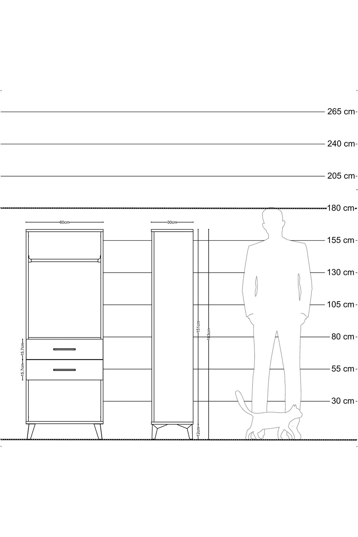 Arges Dolap Tek Raflı 2 Çekmeceli Tek Askılı 60x30x163 Çam-Çam