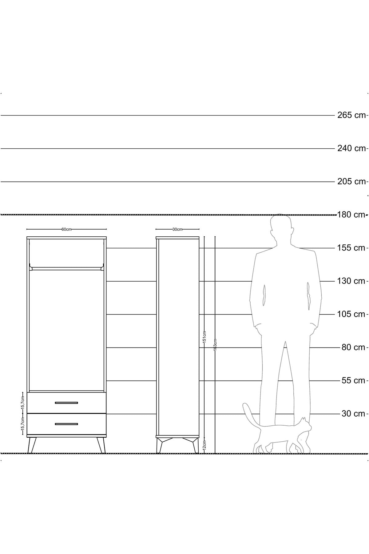 Arges Dolap Tek Raflı 2 Çekmeceli Tek Askılı 60x30x163 Çam-Çam