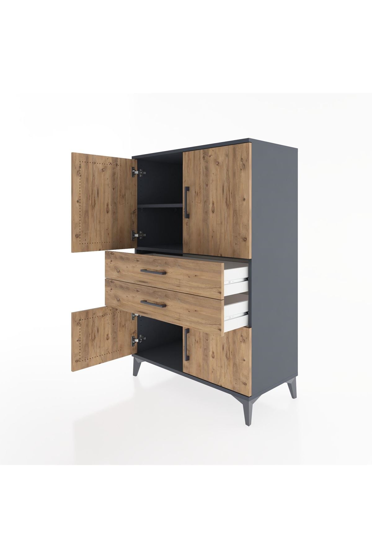 Hyperion Dolap 2 Raflı 2 Çekmeceli 4 Kapaklı 88x44x134 Antrasit-Çam