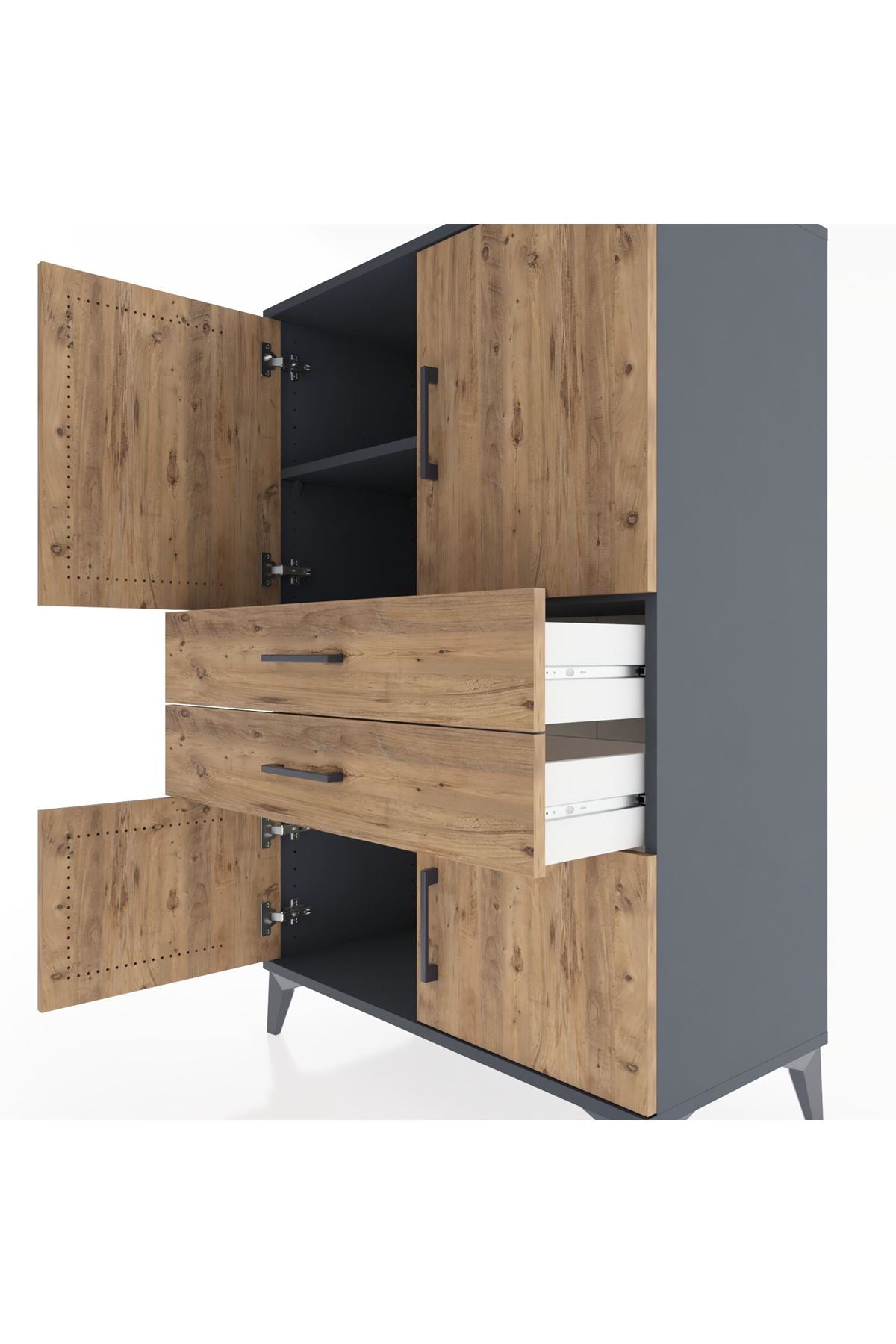 Hyperion Dolap 2 Raflı 2 Çekmeceli 4 Kapaklı 88x44x134 Antrasit-Çam