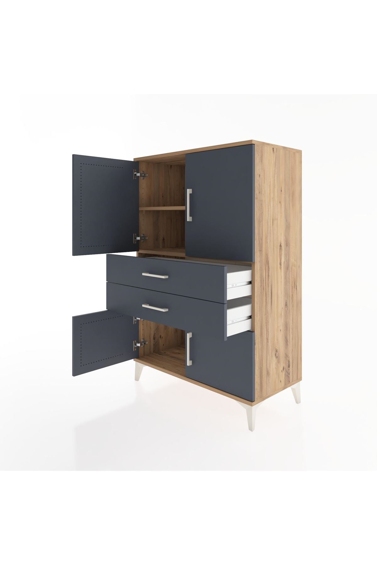 Hyperion Dolap 2 Raflı 2 Çekmeceli 4 Kapaklı 88x44x134 Çam-Antrasit