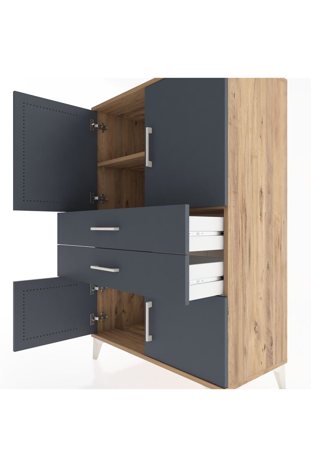 Hyperion Dolap 2 Raflı 2 Çekmeceli 4 Kapaklı 88x44x134 Çam-Antrasit