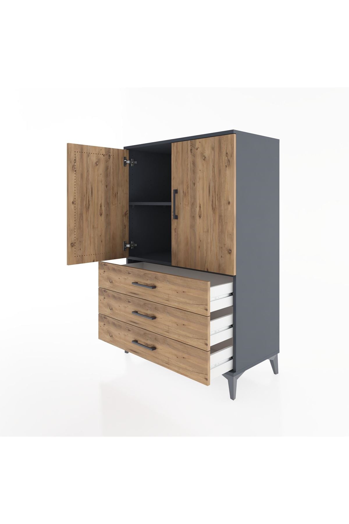 Hyperion Dolap 2 Raflı 3 Çekmeceli 2 Kapaklı 88x44x134 Antrasit-Çam