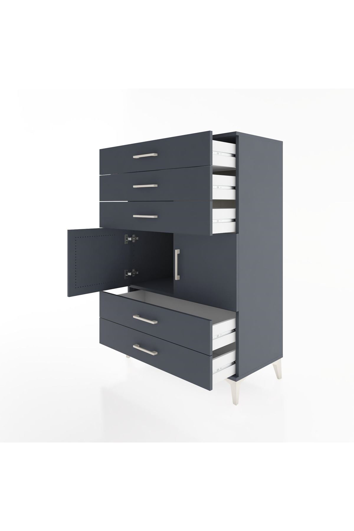 Hyperion Dolap Tek Raflı 5 Çekmeceli 2 Kapaklı 88x44x134 Antrasit-Antrasit