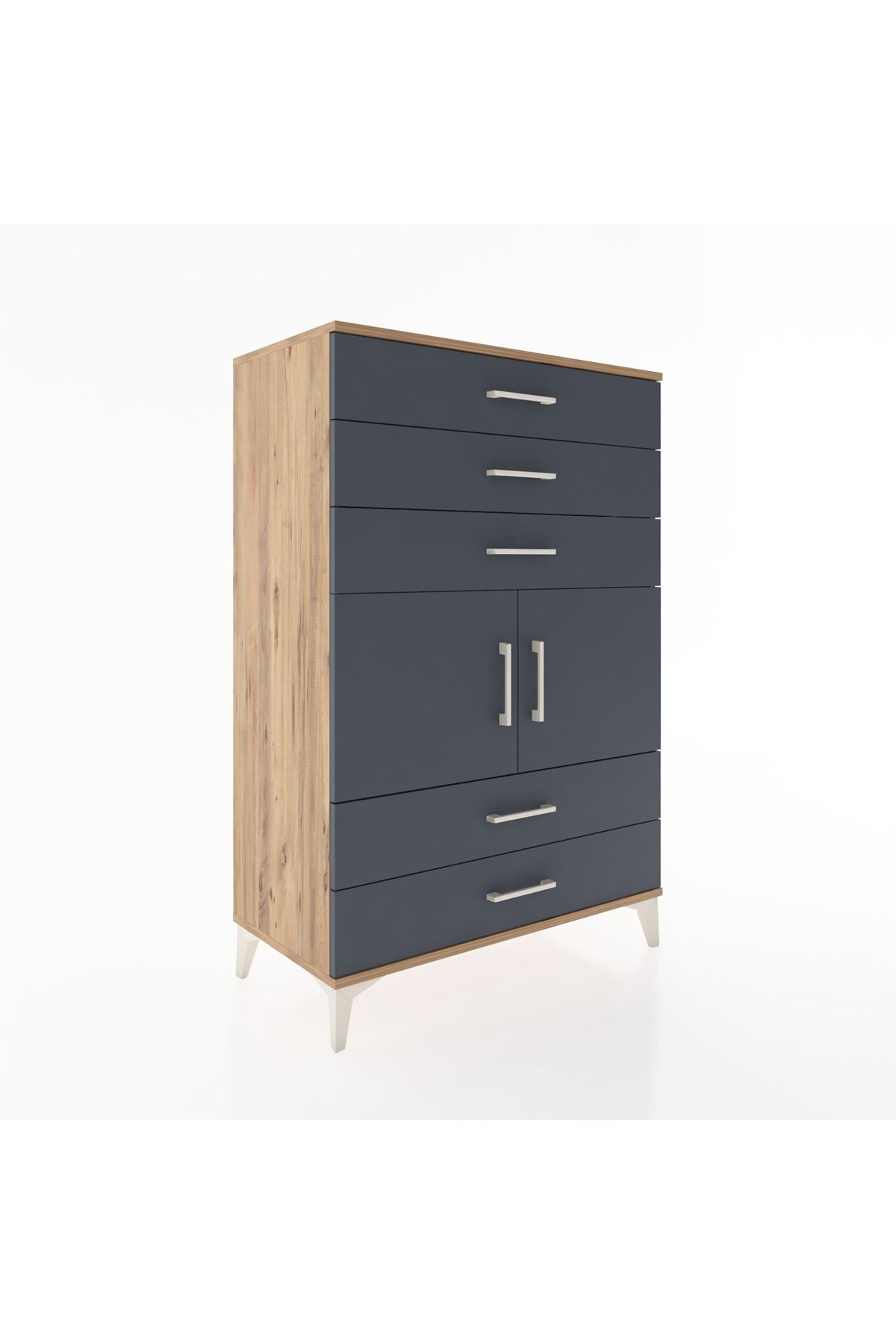 Hyperion Dolap Tek Raflı 5 Çekmeceli 2 Kapaklı 88x44x134 Çam-Antrasit