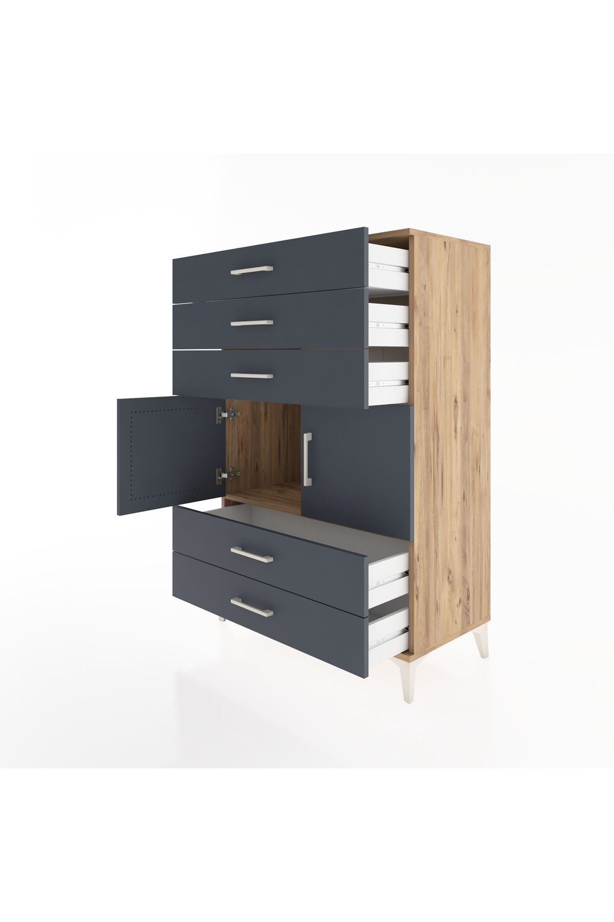 Hyperion Dolap Tek Raflı 5 Çekmeceli 2 Kapaklı 88x44x134 Çam-Antrasit