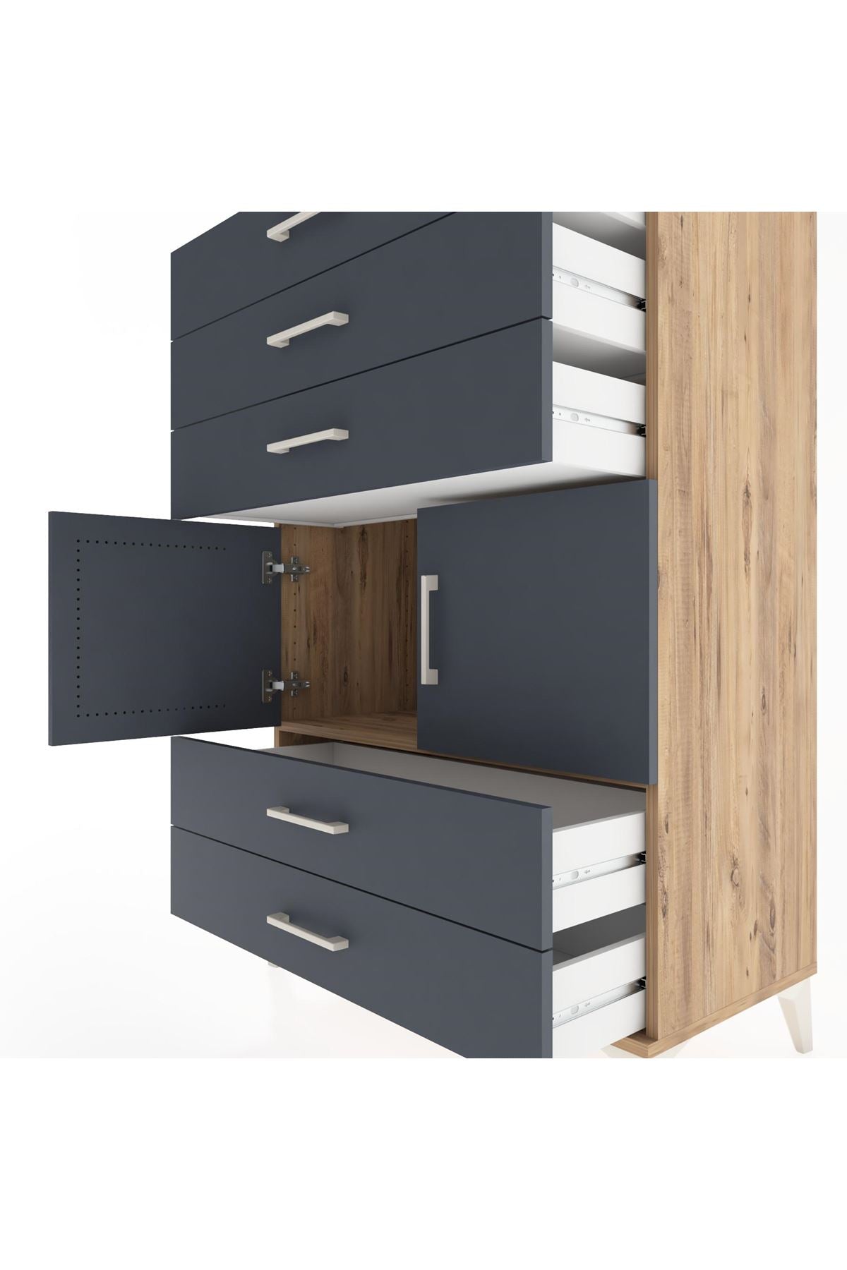 Hyperion Dolap Tek Raflı 5 Çekmeceli 2 Kapaklı 88x44x134 Çam-Antrasit