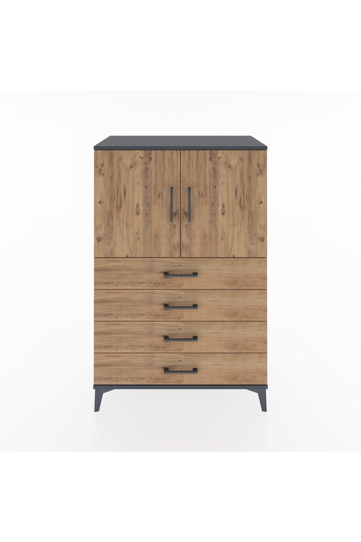 Hyperion Dolap 2 Raflı 4 Çekmeceli 2 Kapaklı 88x44x134 Antrasit-Çam