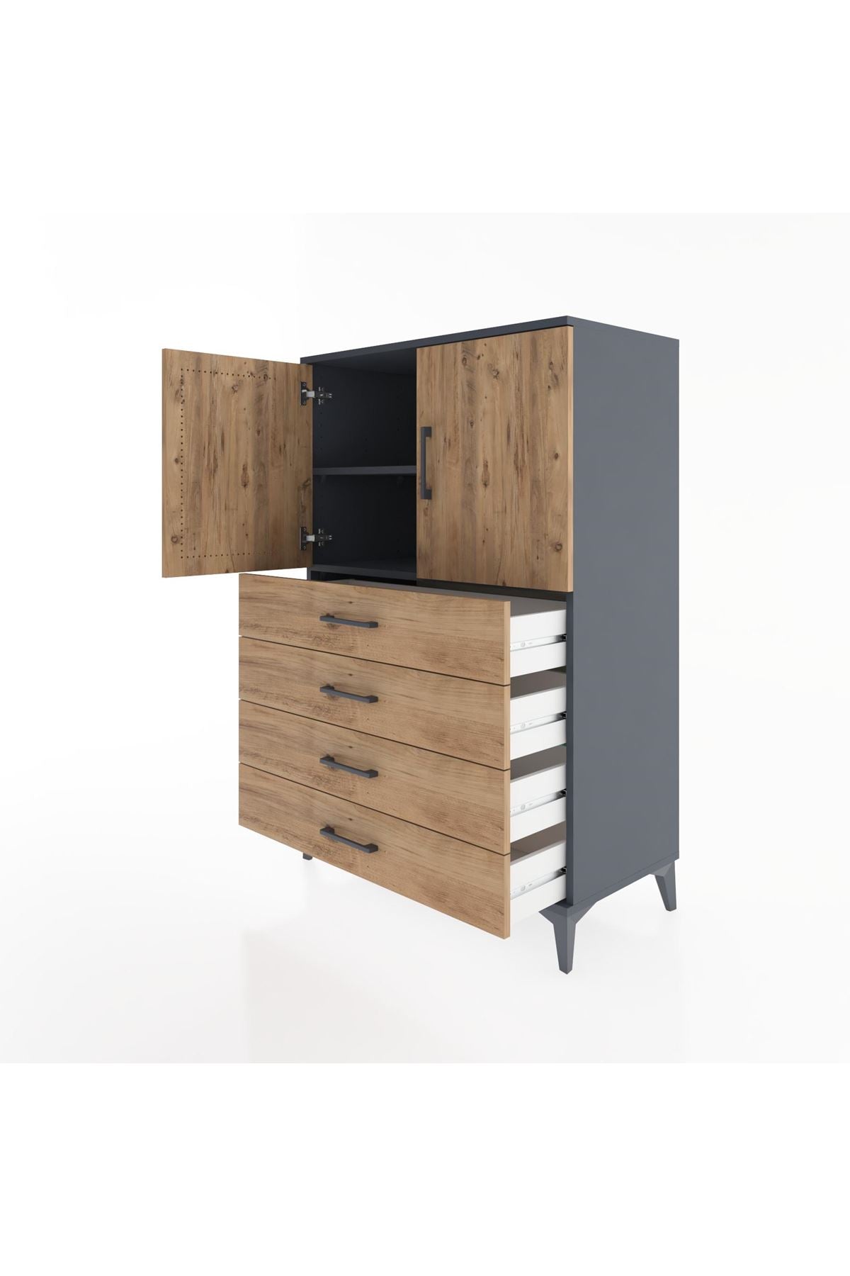 Hyperion Dolap 2 Raflı 4 Çekmeceli 2 Kapaklı 88x44x134 Antrasit-Çam